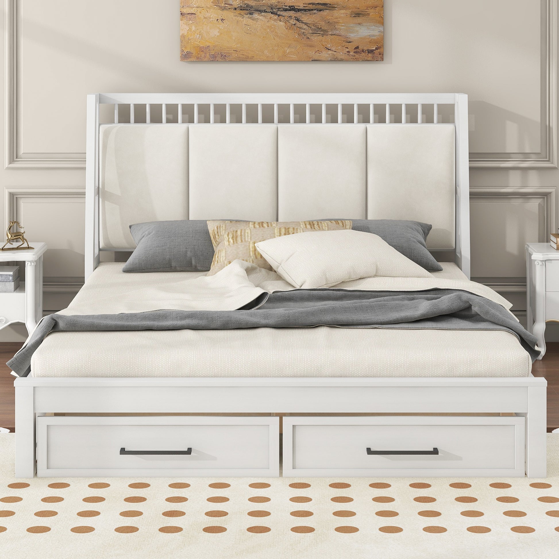 Queen Size Wood Platform Bed With Upholstered Headboard And 2 Drawers, Antique White Box Spring Not Required Queen White Wood Bed Frame Solid Wood Mdf
