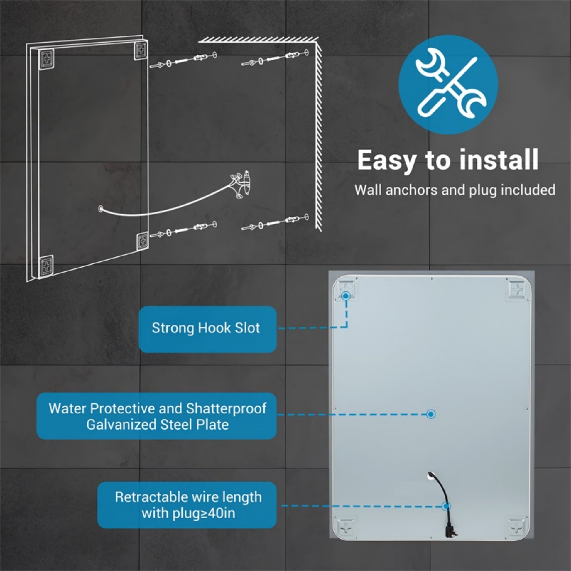 Led Bathroom Mirror 32" X 24" Front And Backlight, 5 Mins Defog, 5Mm Full Hd Reflected Wall Mounted Vanity Mirror, 3 Colors Stepless Dimmable, Cri90 , Memory Function Plug In Hardwire Silver Glass