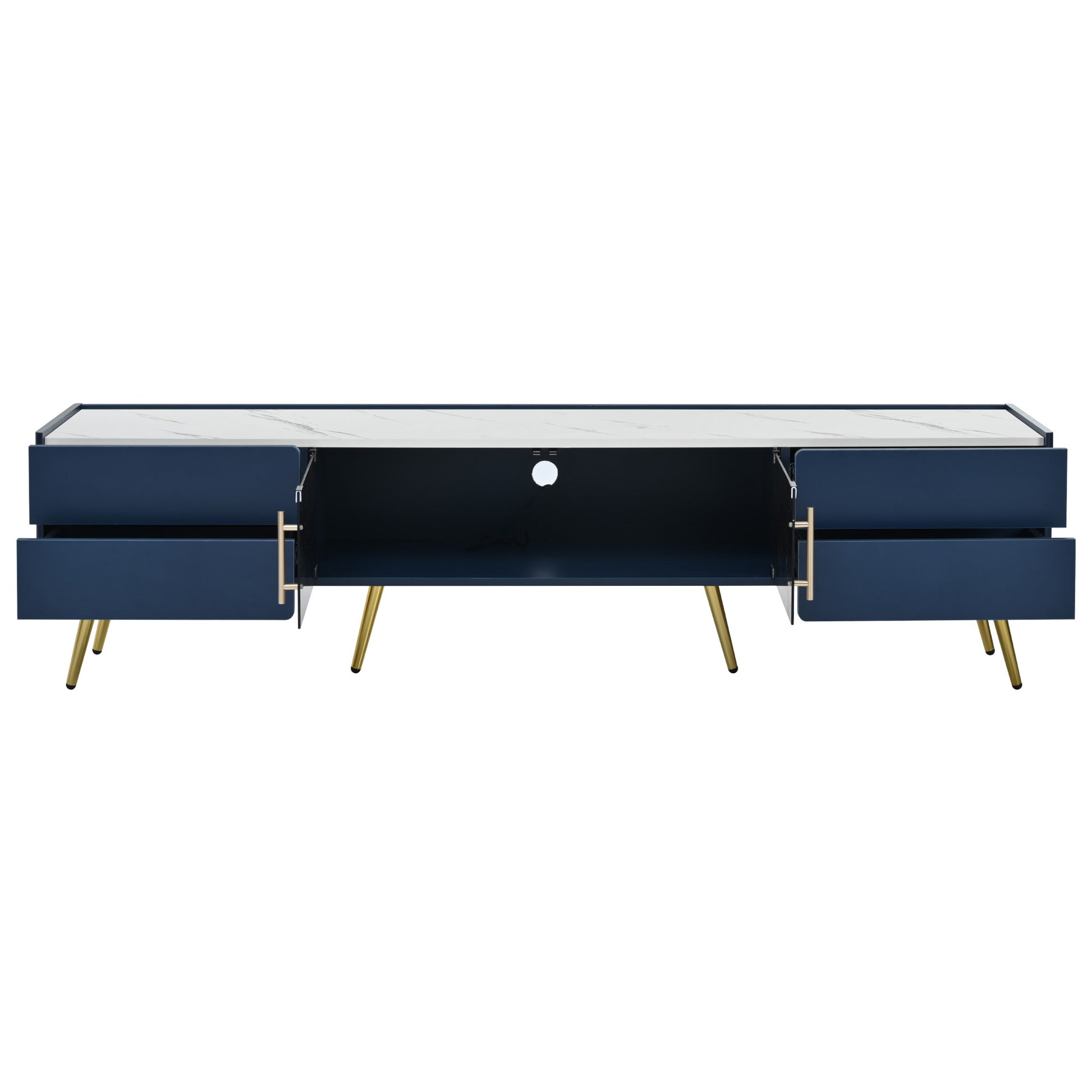 Modern Tv Stand With Led Lights For Tvs Up To 80 Inches, Entertainment Center With 4 Drawers And 1 Cabinet With Brown Glass Door, Media Console With Metal Legs And Handles For Living Room Blue 70 79 Inches Mdf
