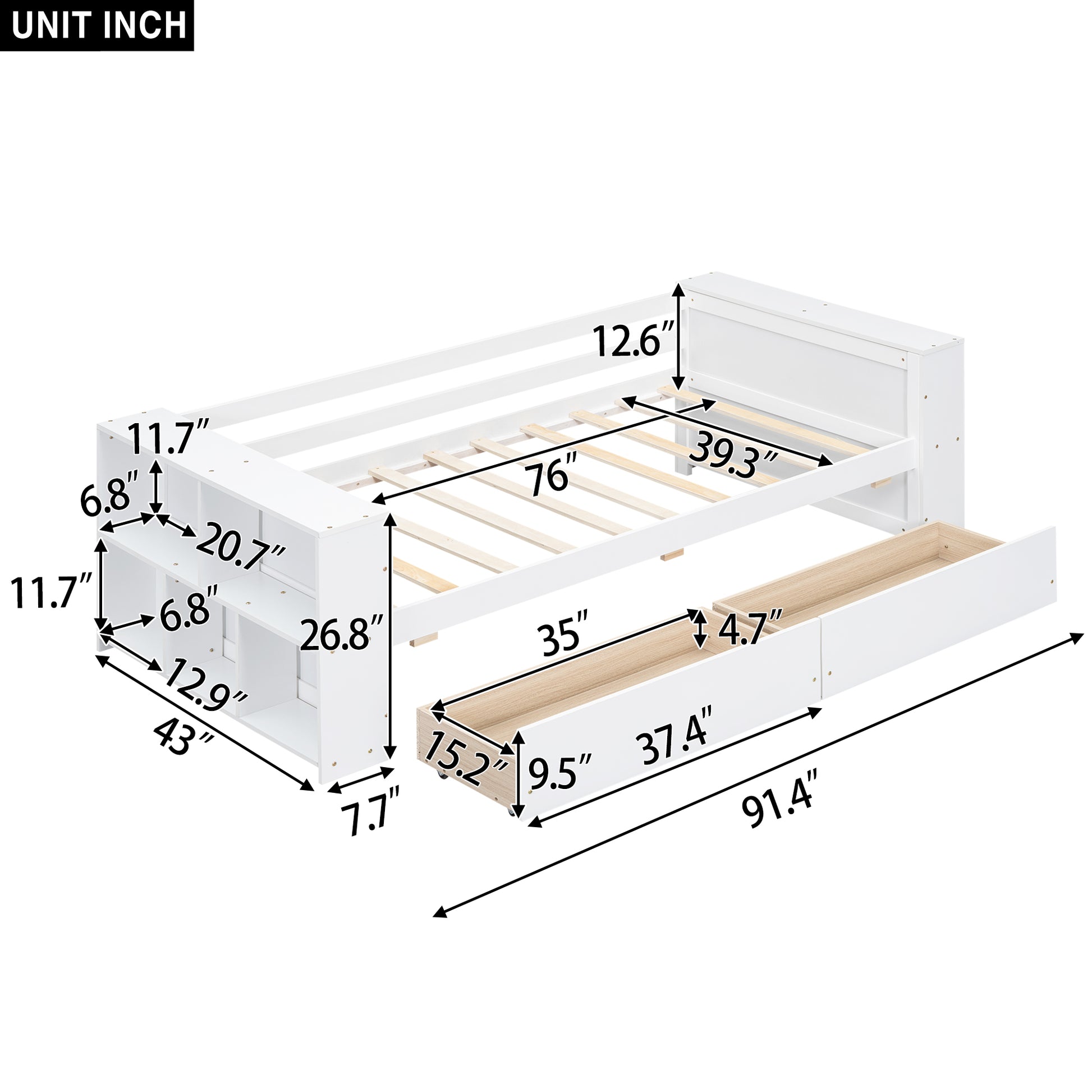 Twin Size Daybed With Shelves And Drawers, White Twin White Pine