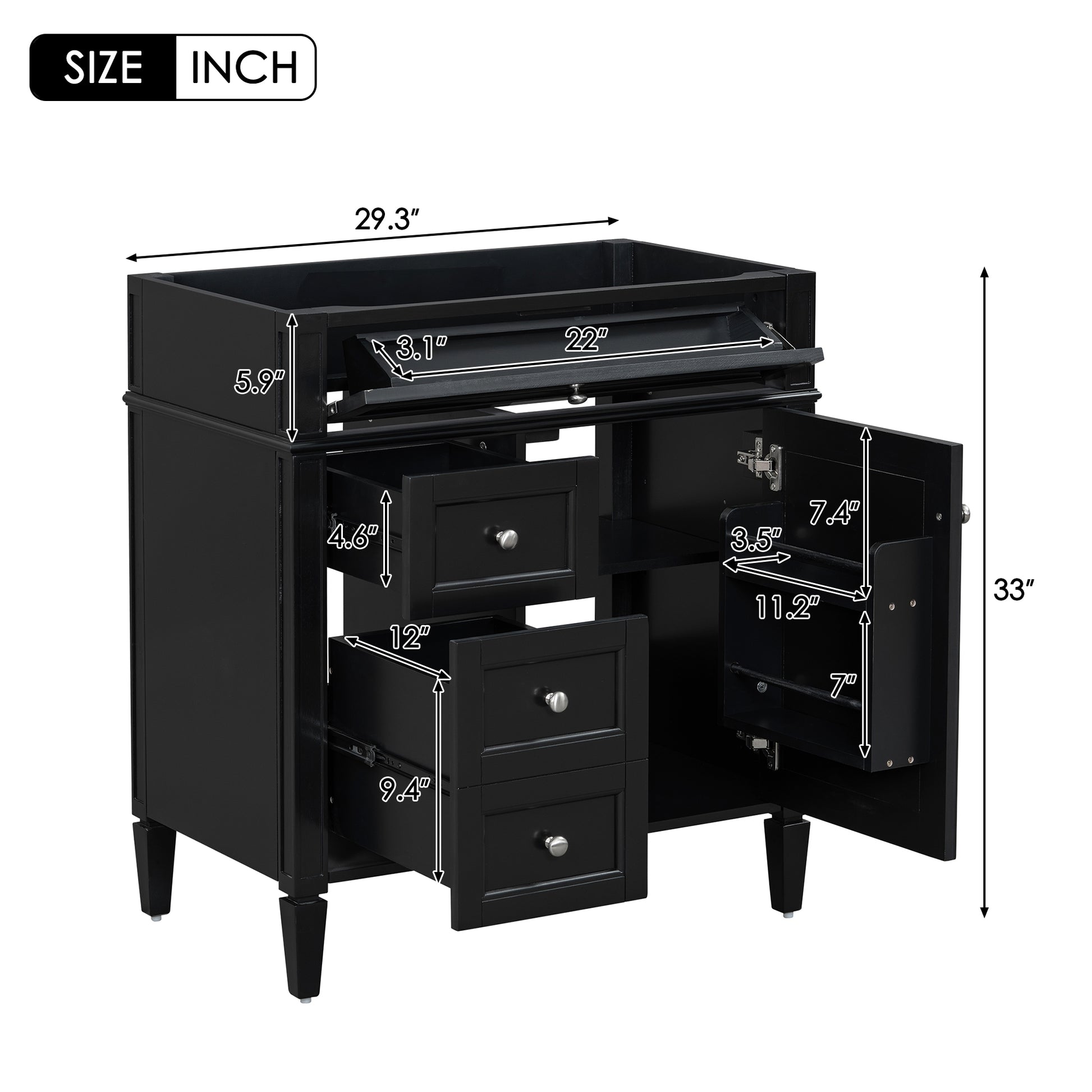 30'' Bathroom Vanity Without Top Sink, Modern Bathroom Storage Cabinet With 2 Drawers And A Tip Out Drawer Not Include Basin Black Bathroom Solid Wood Mdf