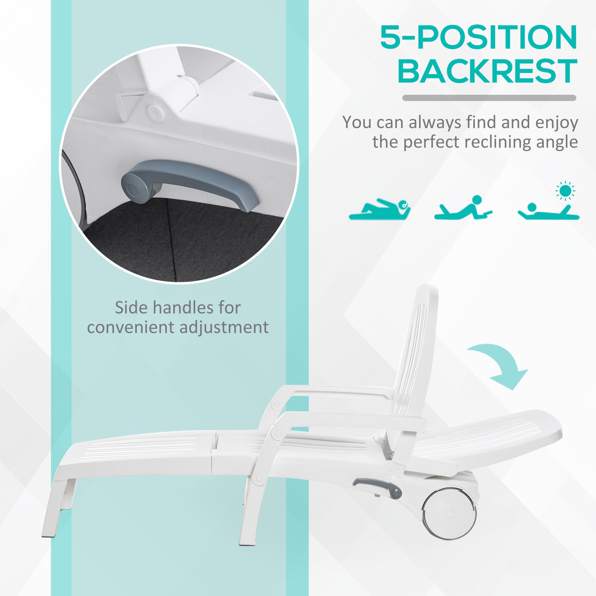 Outsunny Outdoor Chaise Lounge Chair On Wheels With Storage Box, Waterproof Lounger With Quick Assembly, Folding Design, 5 Level Adjustable Backrest For Pool, Beach, Patio, Garden, White White Polypropylene