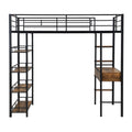 Twin Size Metal Loft Bed With Desk And Shelves, Black Box Spring Not Required Twin Black Metal Solid Wood Mdf