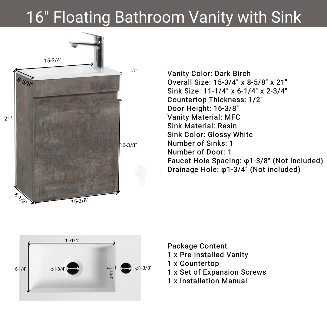 16" Floating Bathroom Vanity With Sink, Wall Mounted Small Bathroom Storage Vanity Cabinet With Resin Top Basin And Soft Close Doors, Dark Birch 24V11 16Db Grey Bathroom Plywood