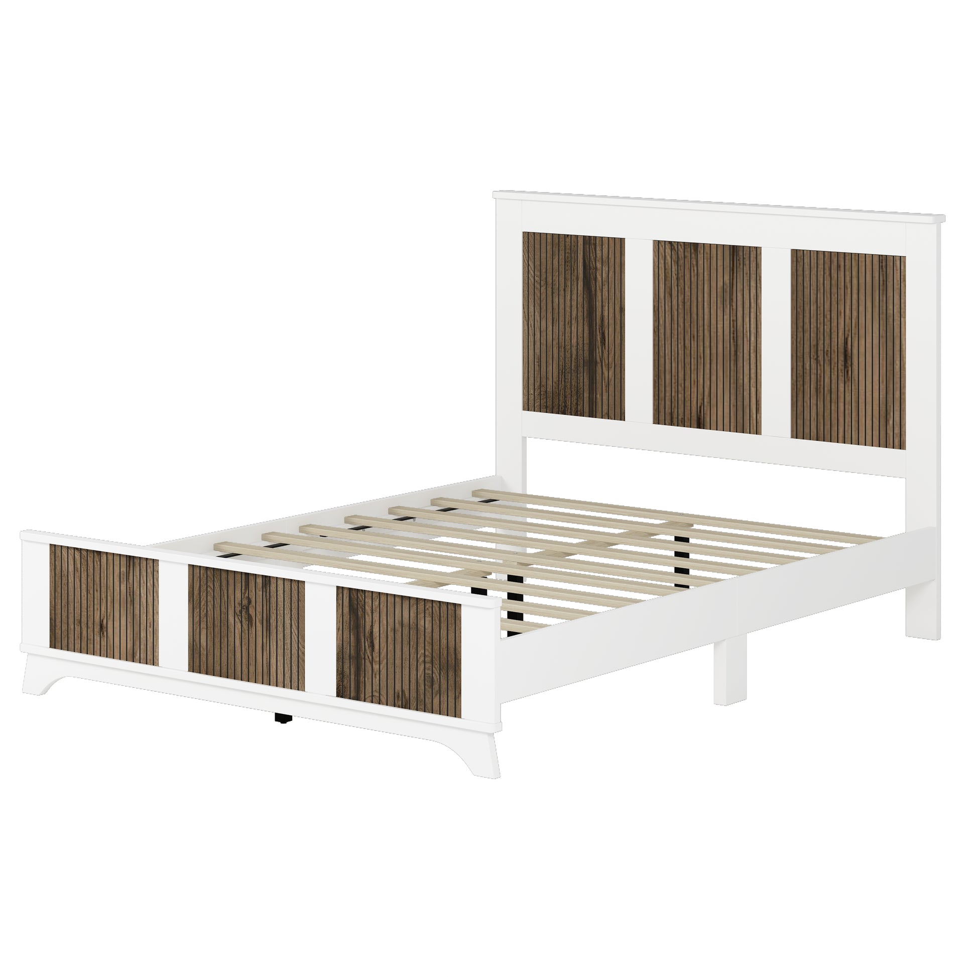 Farmhouse Wooden Platform Queen Size Bed, Modern Platform Bed With Wooden Strip Decoration, Plywood Slats Support, White Queen White Particle Board