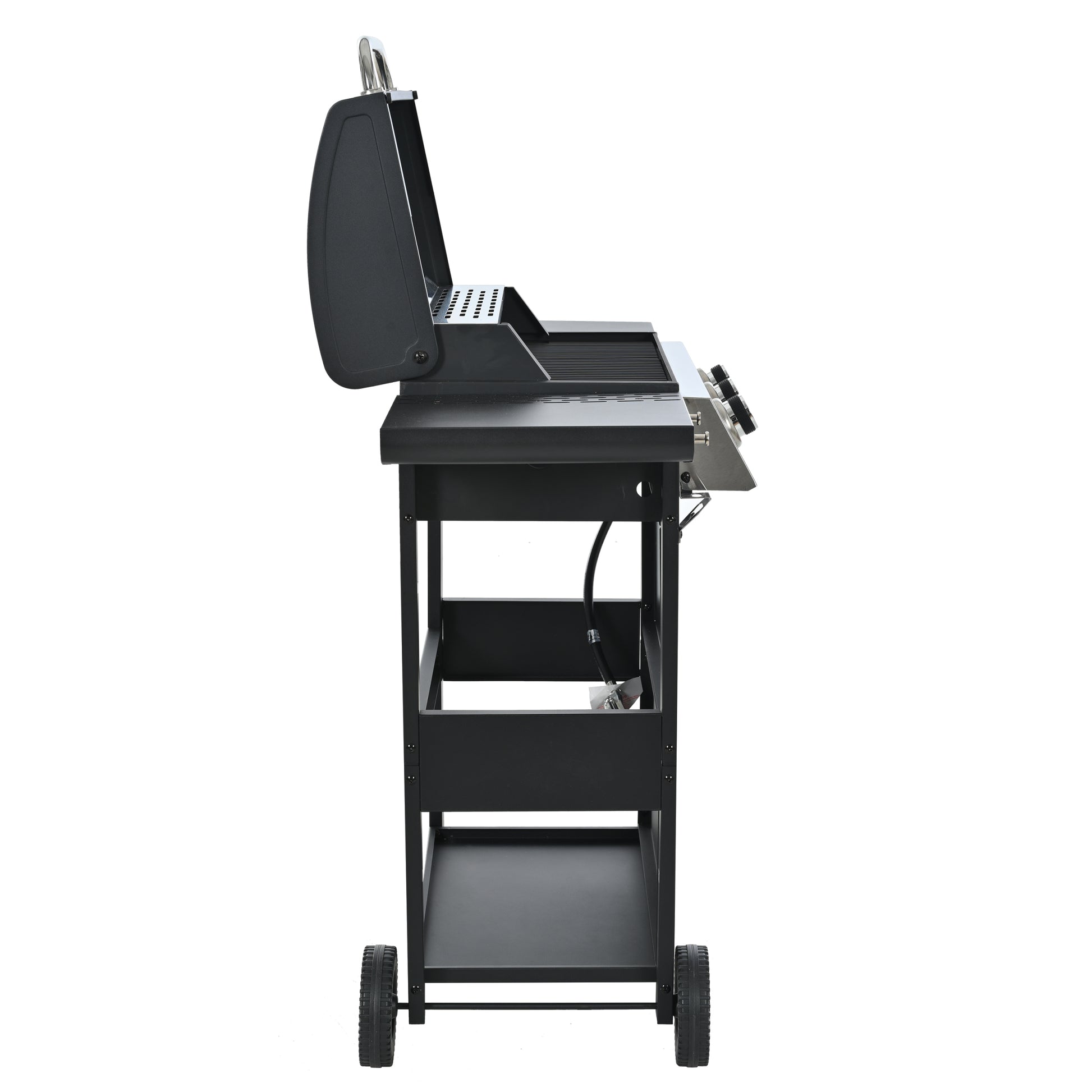 Propane Gas Grill 4 Burner Barbecue Grill, Stainless Steel 34,000 Btu Patio Garden Barbecue Grill With Two Shelves, Lid, Wheels And Bottle Opener Black Iron