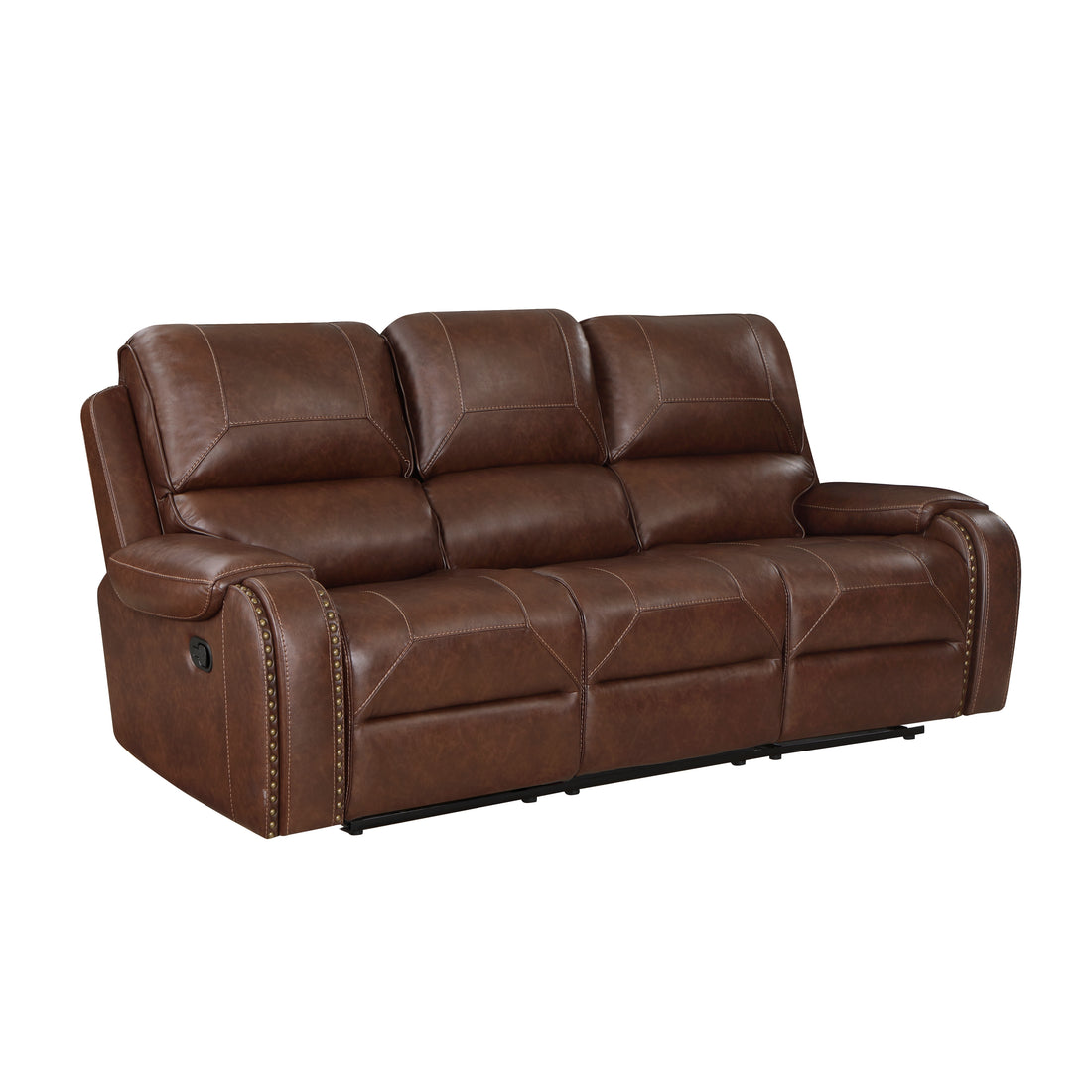 Double Reclining Brown Sofa With Center Drop Down Cup Holders, Receptacles And Usb Ports,Faux Leather Upholstered Traditional Trim 1Pc Modern Living Room Furniture Brown Faux Leather Wood Primary Living Space Modern Plywood,Solid Wood 3 Seat