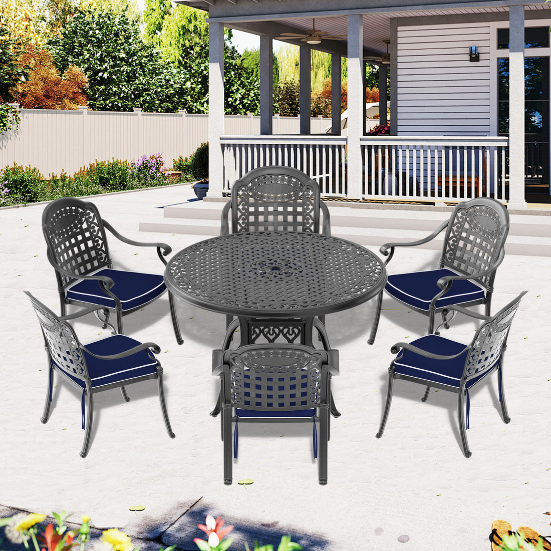 Cushions In Random Colors 7 Piece Set Of Cast Aluminum Patio Furniture With Cushions Yes Dining Set Black Seats 6 Rust Resistant Frame Water Resistant Cushion Garden & Outdoor Complete Patio Sets Aluminium