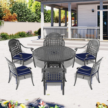 Cushions In Random Colors 7 Piece Set Of Cast Aluminum Patio Furniture With Cushions Yes Dining Set Black Seats 6 Rust Resistant Frame Water Resistant Cushion Garden & Outdoor Complete Patio Sets Aluminium