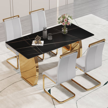 Table And Chair Set,Modern Rectangular Table With 0.4 Inch Black Patterned Tabletop And Gold Legs, Suitable For Kitchen, Dining Room, And Living Roomcomfortable Pu Seats,Perfect For Dinner, Meet. Grey Black Seats 4 Sintered Stone