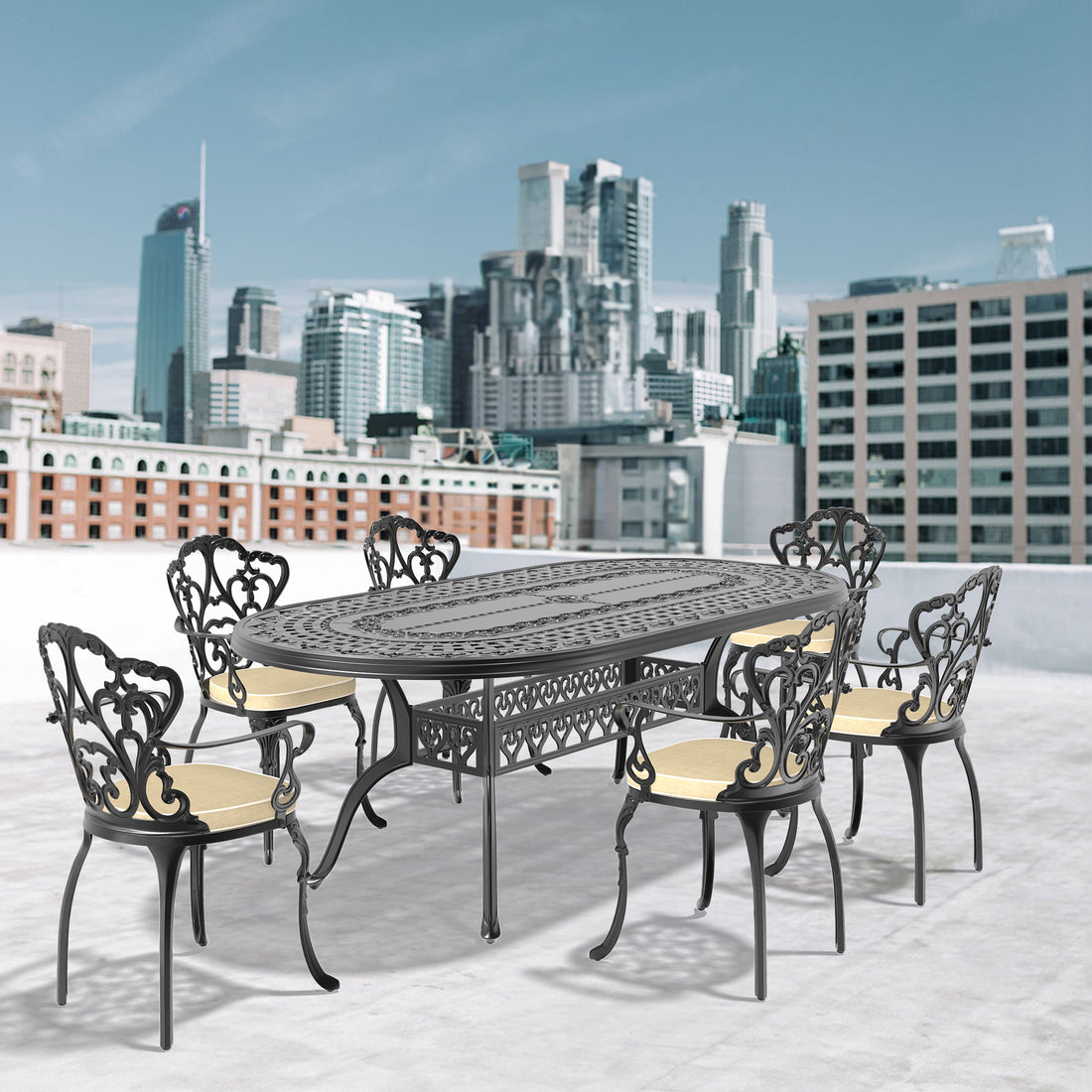 Cushions In Random Colors 7 Piece Set Of Cast Aluminum Patio Furniture With Cushions Yes Dining Set Black Seats 6 Rust Resistant Frame Water Resistant Cushion Garden & Outdoor Complete Patio Sets Aluminium
