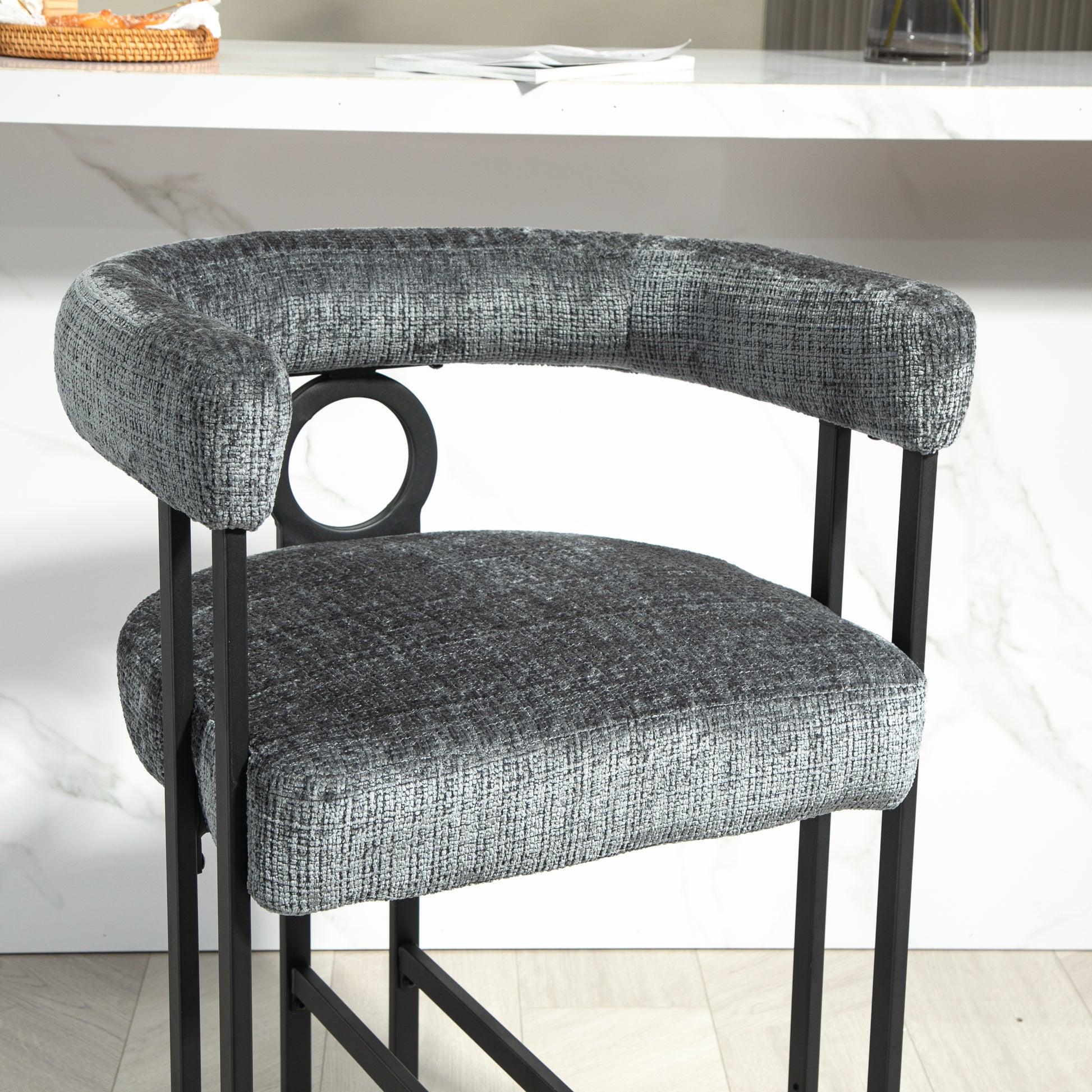 Coolmore Bar Stools Set Of 2, Modern Bar Stool With Back, Black Metal Frames, Upholstered Bar Stools For Kitchen Island, Pub, Club Gray Chenille Gray Dining Room Foam Chenille