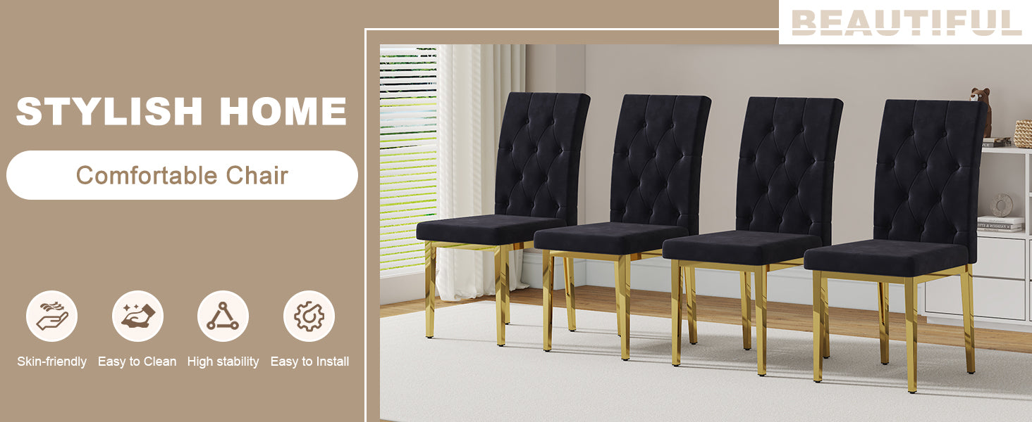 4 Piece Dining Chair, Modern Kitchen Upholstered High Backrest, Metal Leg Office Chair For Dining Room, Office, Dining Room. Black Velvet