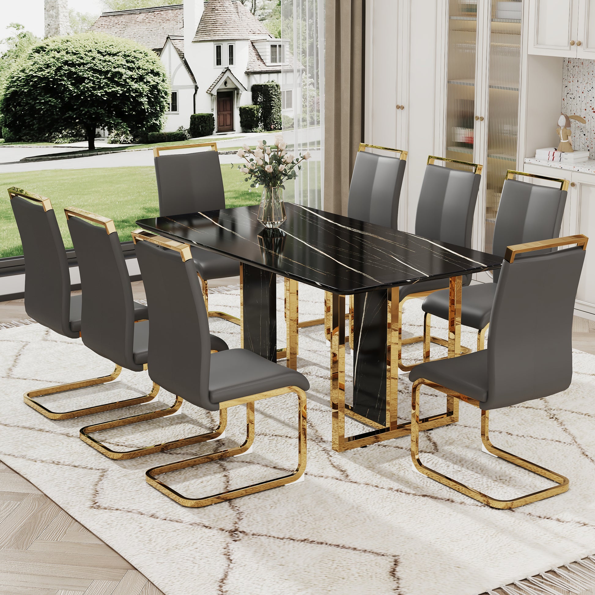 Table And Chair Set. Modern Dining Table With Mdf Top And Beautiful Mdf Legs. Equipped With Comfortable Pu Chairs And Metal Legs. Suitable For A Wide Range Of Decorative Styles. Black,Gray Seats 8 Mdf