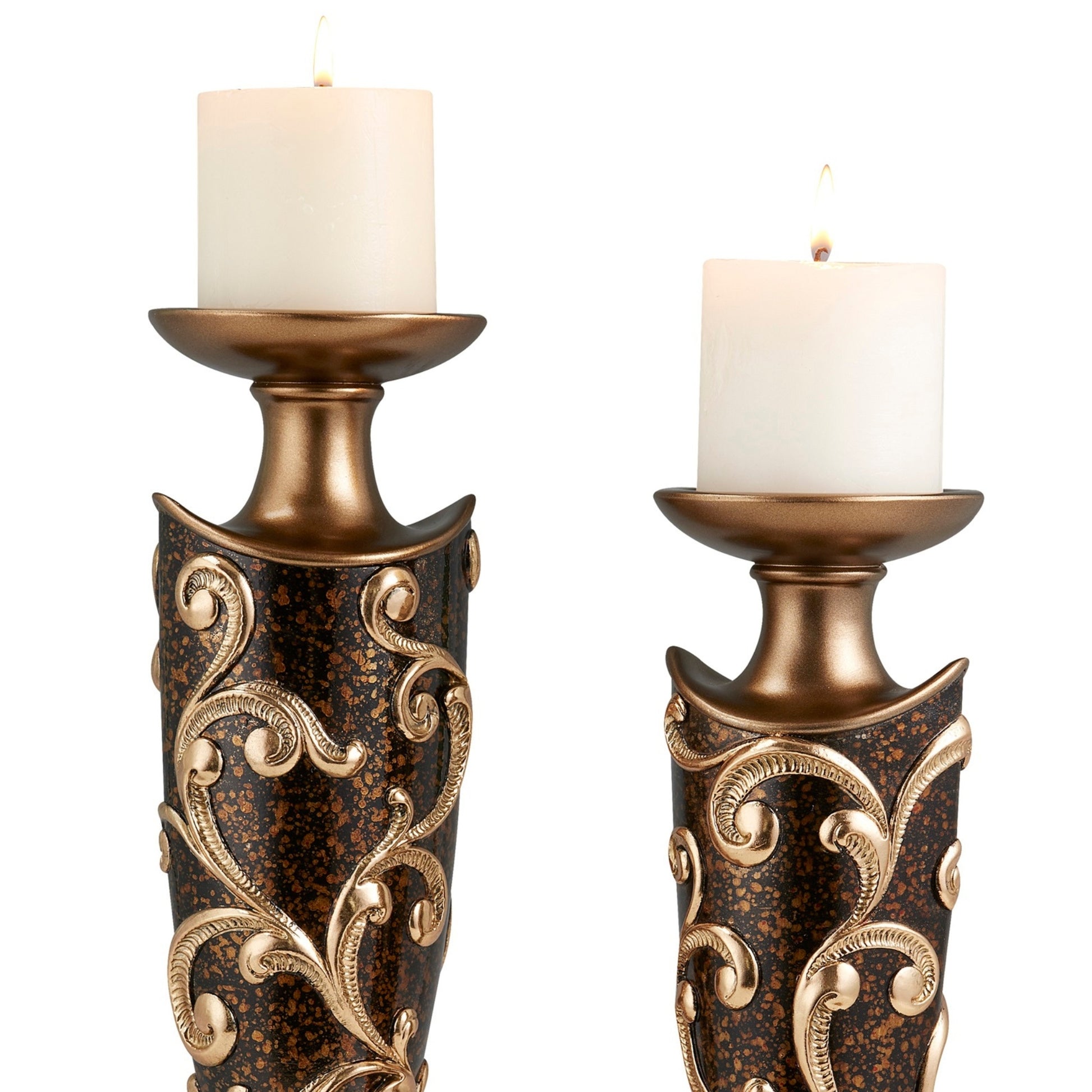 14" And 16" Tall Polyresin "Odysseus" Candleholder, Baroque Style Set Of 2 Multicolor Polyresin