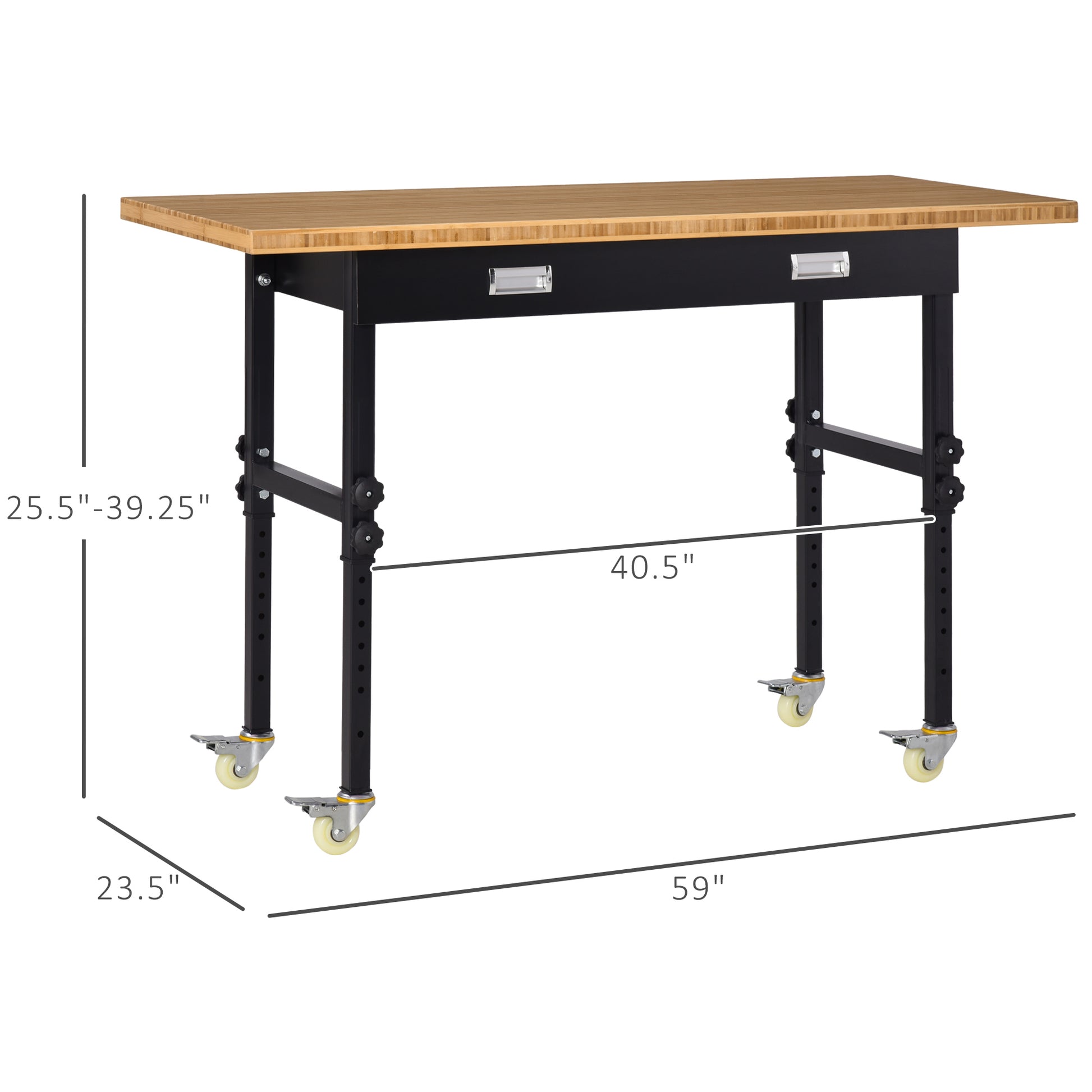 Homcom 59" Work Bench With Drawer, Height Adjustable Legs, Bamboo Tabletop Workstation Tool Table On Wheels For Garage, Weight Capacity 1320 Lbs, Black Natural Natural Wood Bamboo