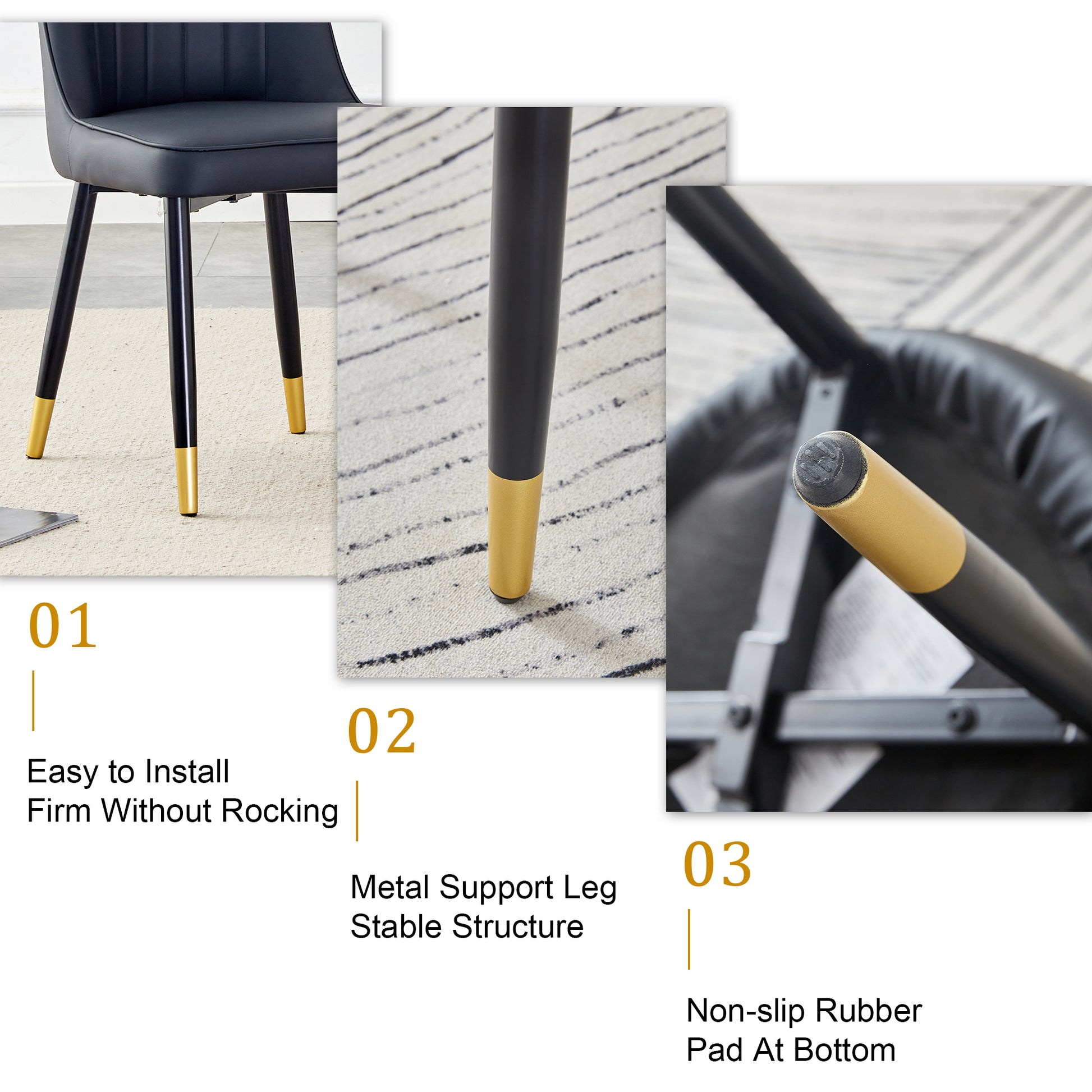 Table And Chair Set.Modern Rectangular Dining Table With Black Textured Stickers Glass Tabletop And Gold Plated Metal Legs.Paried With 4 Comfortable Chairs With Pu Seats And Black Metal Legs. Black Gold Seats 4 Glass Metal