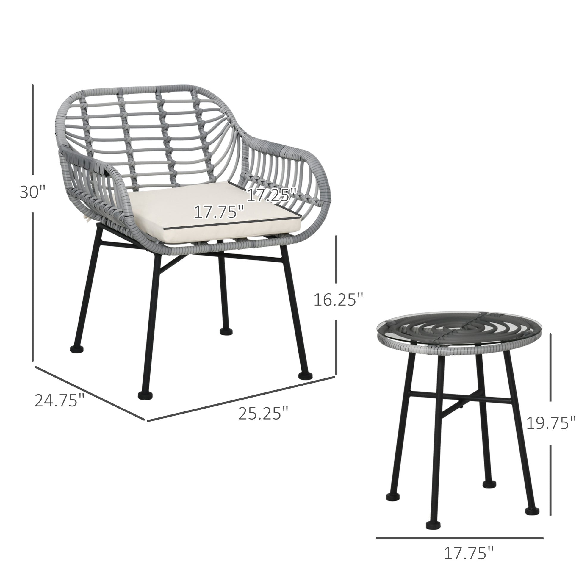 Outsunny 3 Piece Patio Set, Outdoor Bistro Furniture, Pe Rattan Wicker Table And Chairs, Cushioned, Hand Woven, Modern Look With Tempered Glass For Garden, Porch, Pool, Backyard, Cream White Gray White Matte Steel