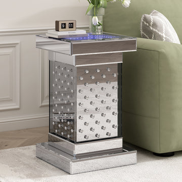 11.8'' Silver Square Mirrored End Table With Led Lights, Modern Side Table With Crystal Inlay For Living Room, No Assembly Required Silver Mirrored Finish Luxury,Modern Square Mdf Glass