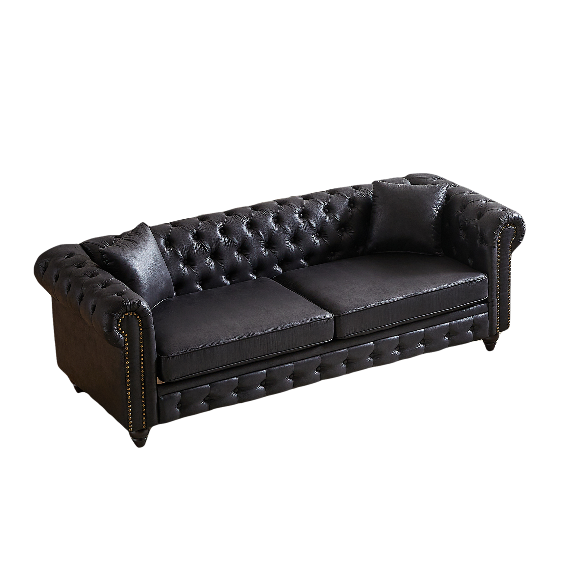 Fx 85.5"Living Room With Tech Fabric Chesterfield Sofa With Rolled Arms 3 Seater Sofa With Button Design And 2 Cushions For Apartment, Office, Living Room Black Wood Primary Living Space Pine Foam Fabric 3 Seat