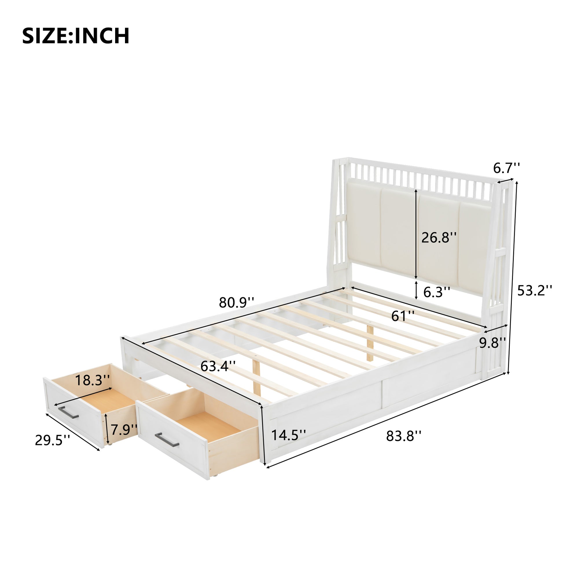 Queen Size Wood Platform Bed With Upholstered Headboard And 2 Drawers, Antique White Box Spring Not Required Queen White Wood Bed Frame Solid Wood Mdf