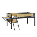 Single Metal Loft Bed With Rectangular Desk, Led Lights, Led Loft Bed Frame Double Bed With Storage Shelves And Hanging Storage Compartments, Safety Guard And Ladder, No Box Springs Required, Rattan G Twin Black Natural Mdf Iron