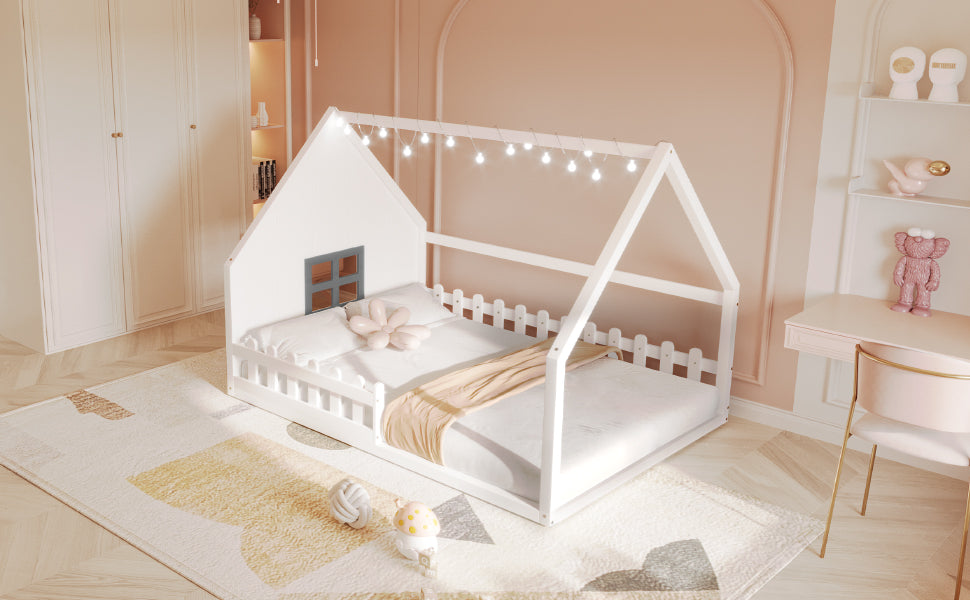 Full Size Wood House Bed With Window And Fence, White Old Sku: Wf304147Aak Box Spring Not Required Full White Wood Bedroom Pine Bed Frame Solid Wood Mdf