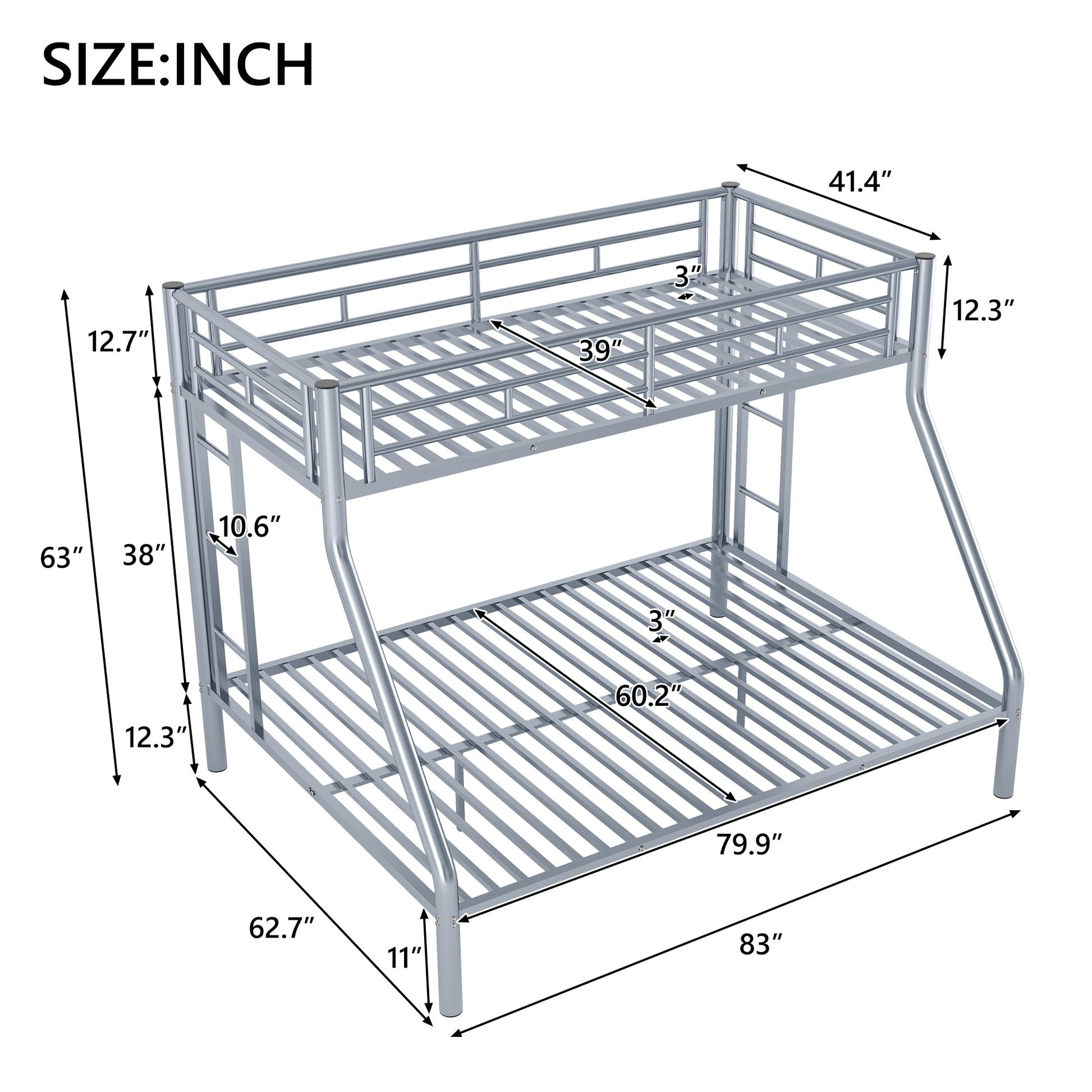Twin Xl Over Queen Metal Bunk Bed With Ladder And Guardrails, Silver Box Spring Not Required Twin Xl Silver Metal Metal
