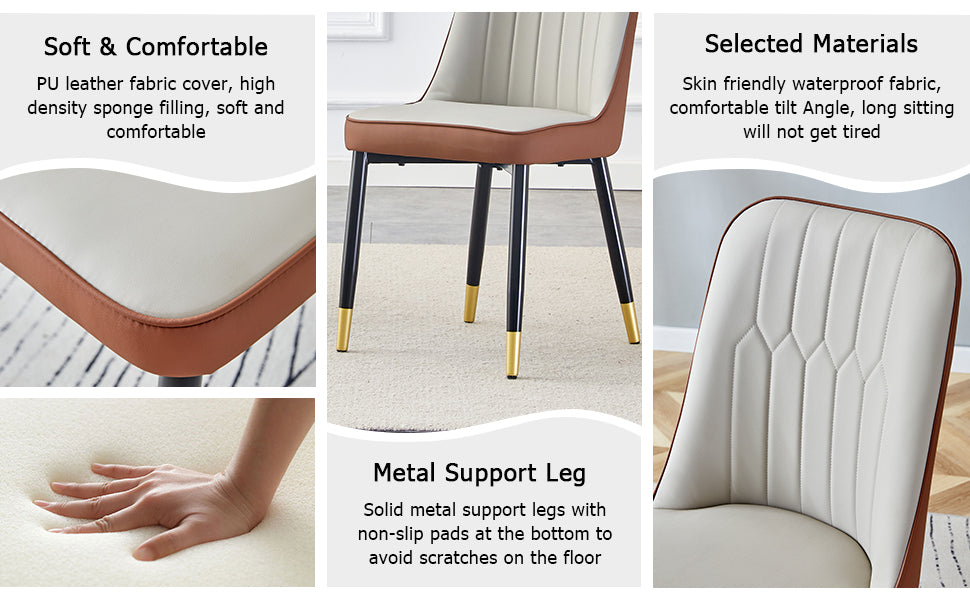 Table And Chair Set.Modern Rectangular Dining Table With Black Textured Stickers Glass Tabletop And Gold Plated Metal Legs.Paried With 4 Comfortable Chairs With Pu Seats And Black Metal Legs. Black Gold,Brown,Light Gray Seats 4 Glass Metal