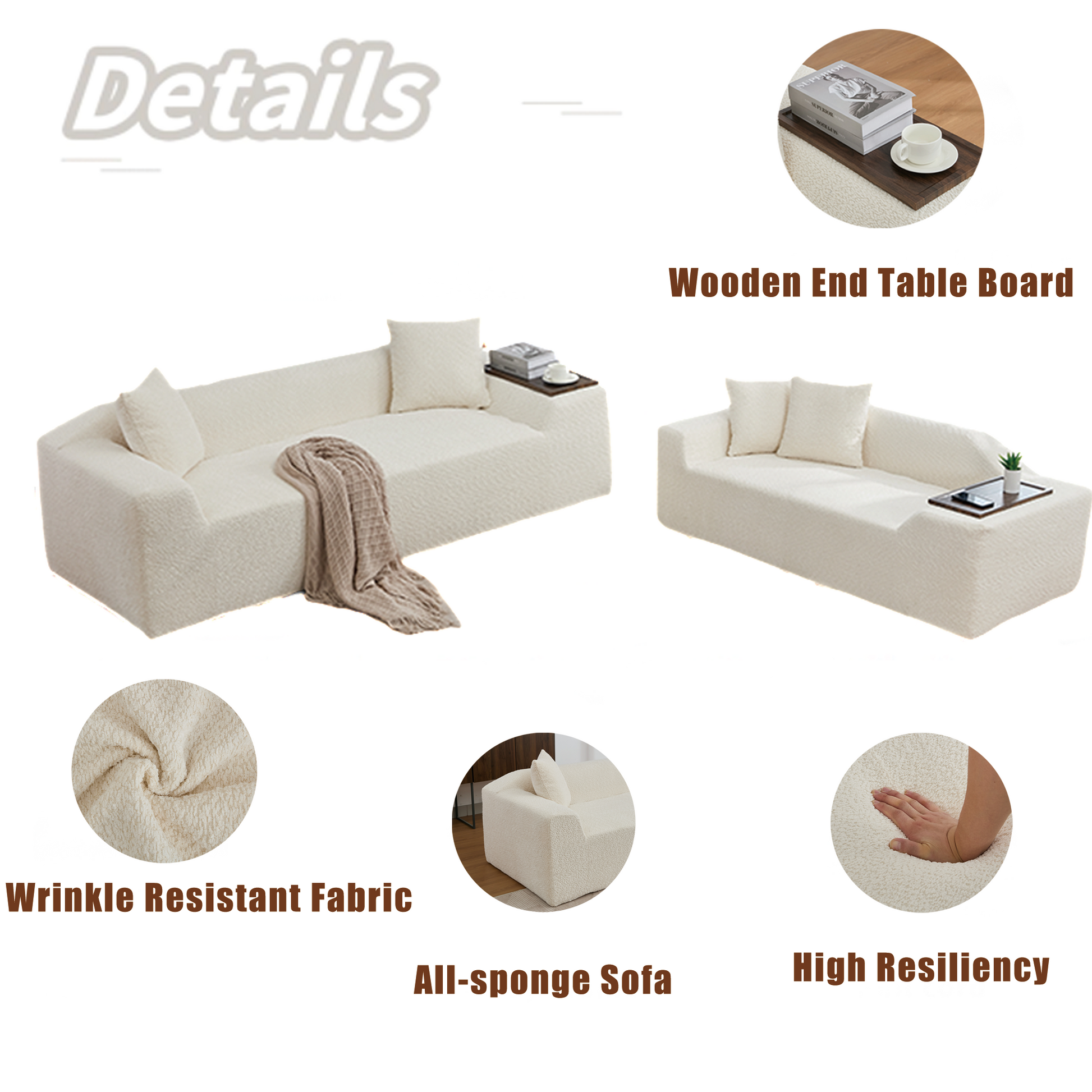Arrived 2 Piece Boucle Cloud Sofa Set, Upholstered Sofa Set, Modern 3 Seater And 2 Seater Sofa With Mdf End Table For Living Room ,Apartment,3 2 Couch,Boucle,Beige Beige Polyester Primary Living Space Soft Tight Back Modern Square Arms Foam Upholstered 5