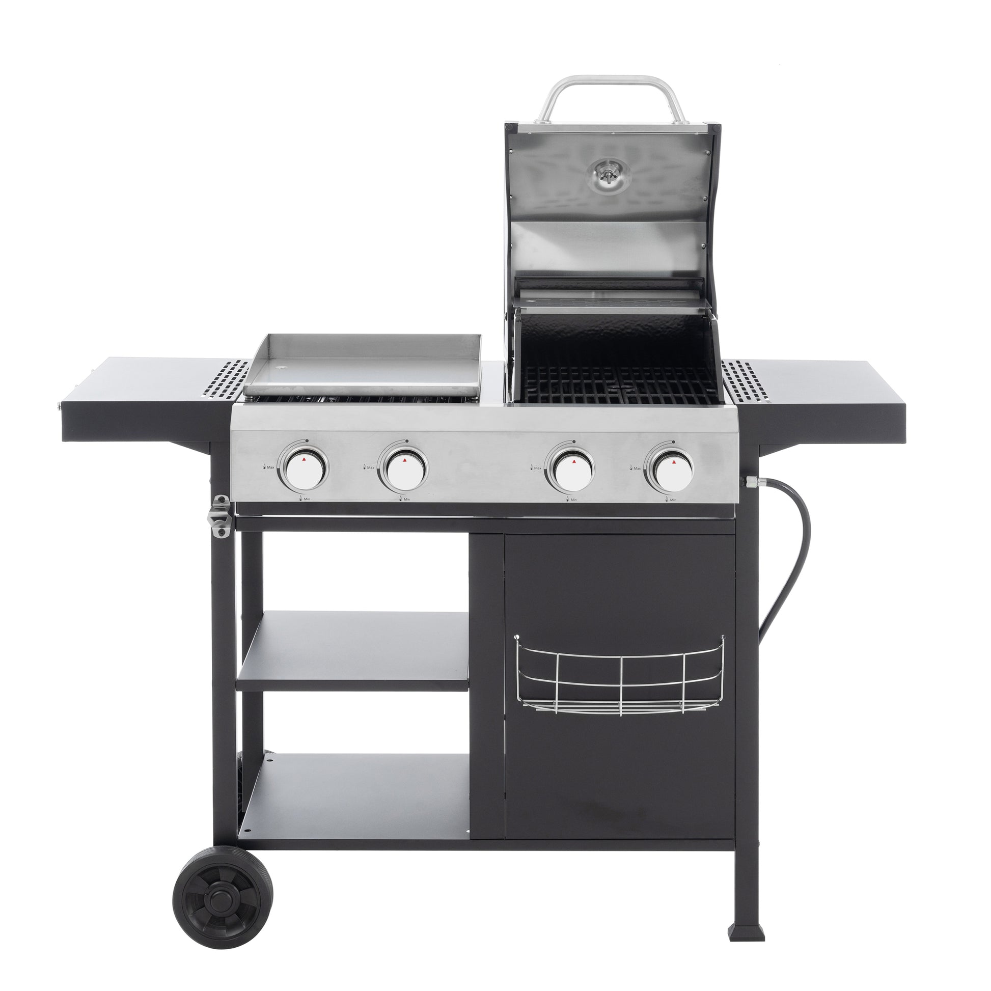 2 2 Multi Function Burner Gas Grill And Griddle Combo With Cover For Outdoor Cooking While Camping Or Tailgating Bbq,Frying,Pizza. Black And Silver Stainless Steel