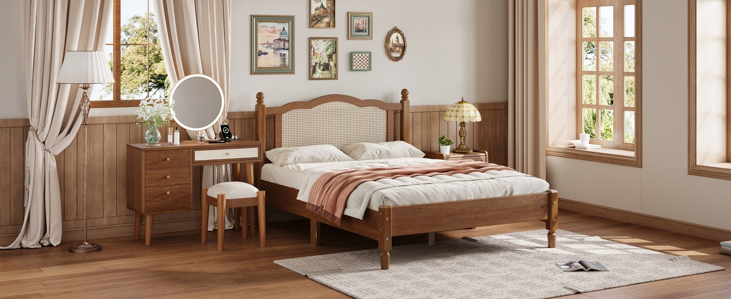 3 Pieces Bedroom Set With Full Size Wooden Bed Frame, 1 Vintage Nightstand And 1 Makeup Vanity Set With Stool,Walnut Full Walnut 3 Piece Set Wood