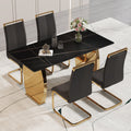 Table And Chair Set,Modern Rectangular Table With 0.4 Inch Black Patterned Tabletop And Gold Legs, Suitable For Kitchen, Dining Room, And Living Roomcomfortable Pu Seats,Perfect For Dinner, Meet Black Seats 4 Sintered Stone