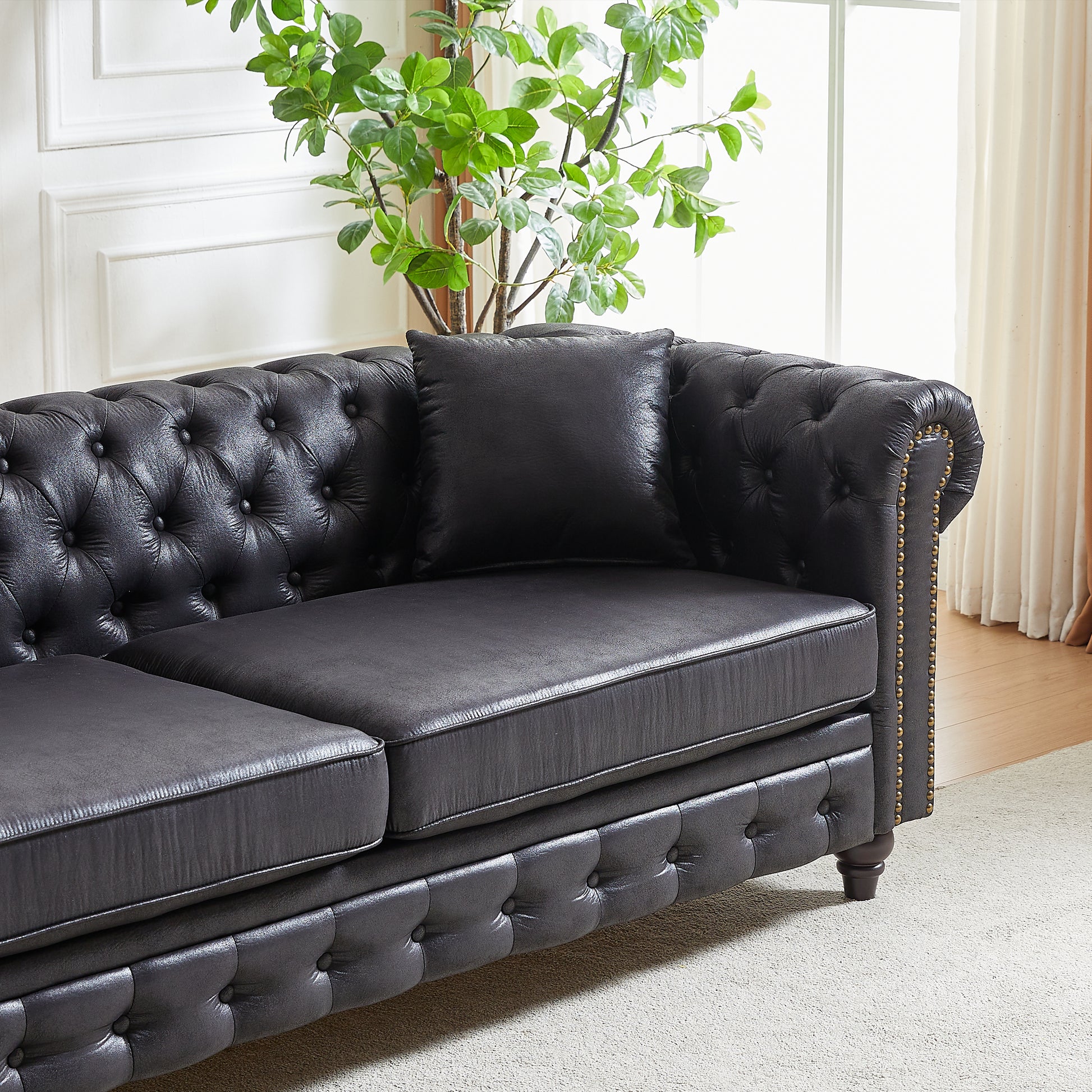 Fx 85.5"Living Room With Tech Fabric Chesterfield Sofa With Rolled Arms 3 Seater Sofa With Button Design And 2 Cushions For Apartment, Office, Living Room Black Wood Primary Living Space Pine Foam Fabric 3 Seat