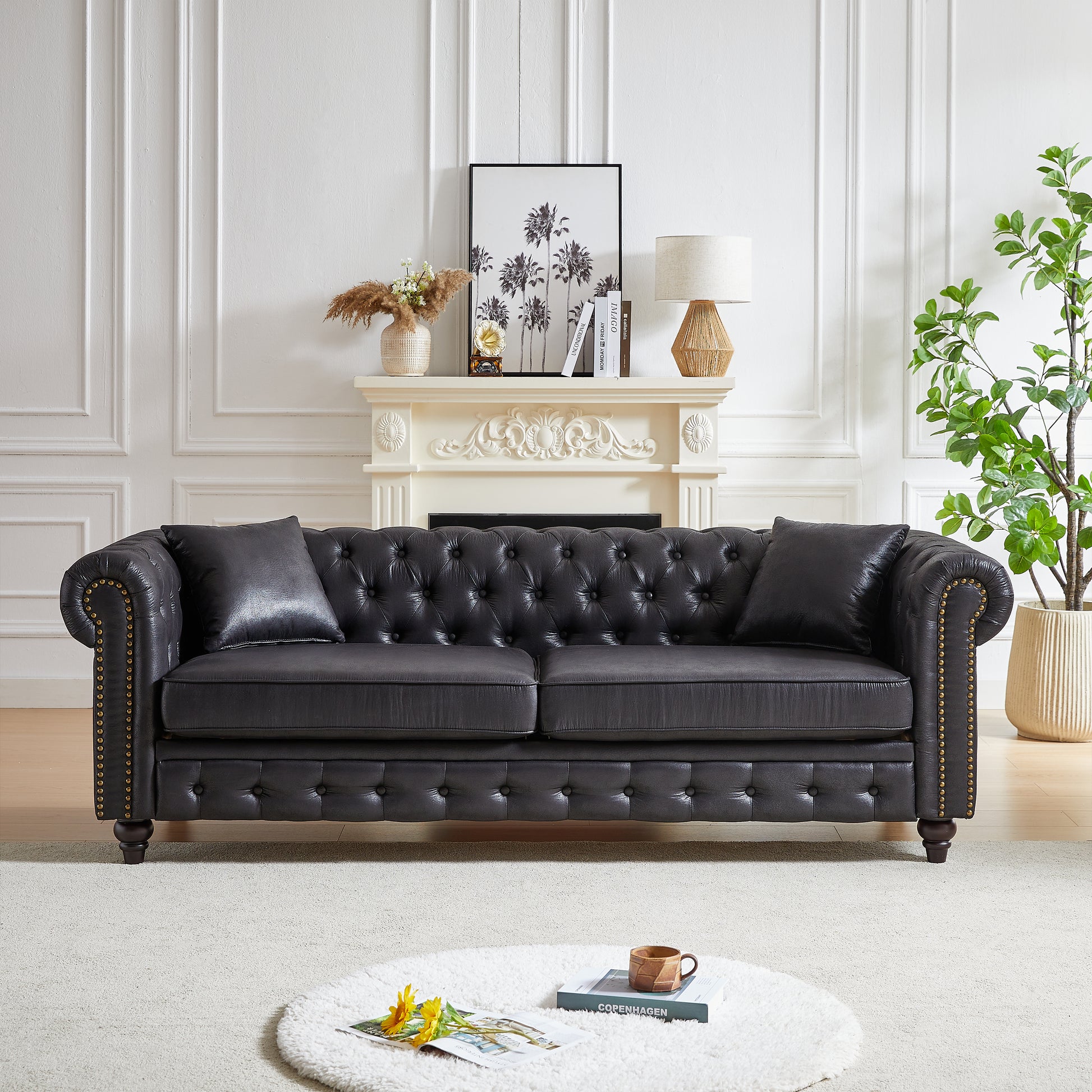 Fx 85.5"Living Room With Tech Fabric Chesterfield Sofa With Rolled Arms 3 Seater Sofa With Button Design And 2 Cushions For Apartment, Office, Living Room Black Wood Primary Living Space Pine Foam Fabric 3 Seat