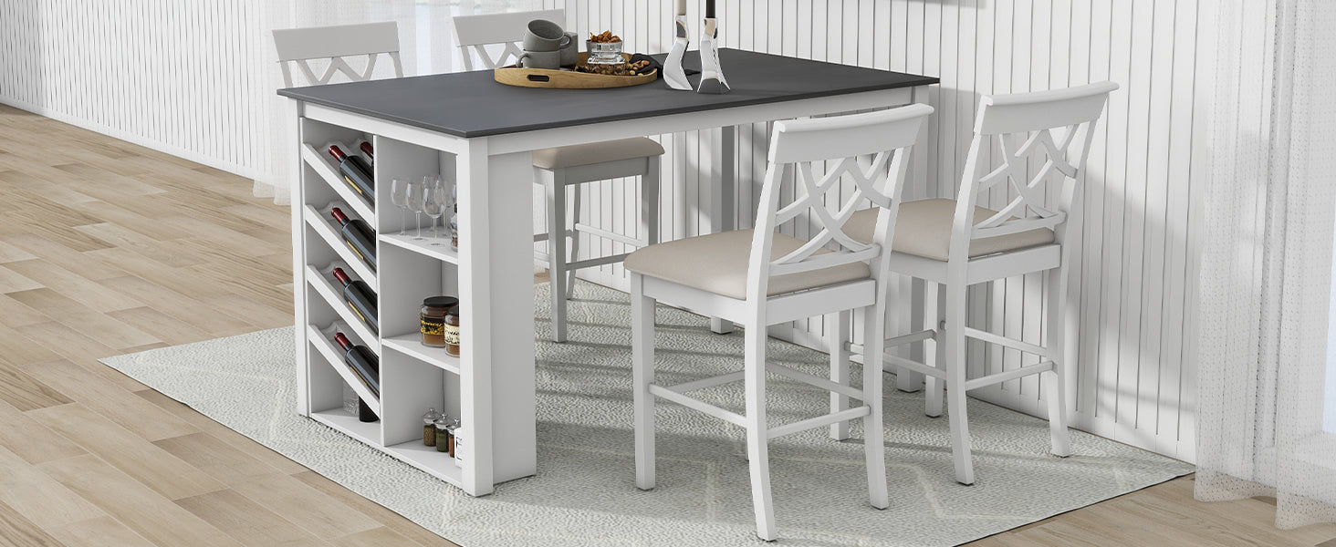 Updated Counter Height 5 Piece Solid Wood Dining Table Set, 59*35.4Inch Table With Curved Wine Rack And 4 Upholstered Chairs, White Wood Dining Room Solid Wood Rubberwood Rectangular Dining Table With Chair Wood Wood White Solid Back Seats 4 Farmhouse 4