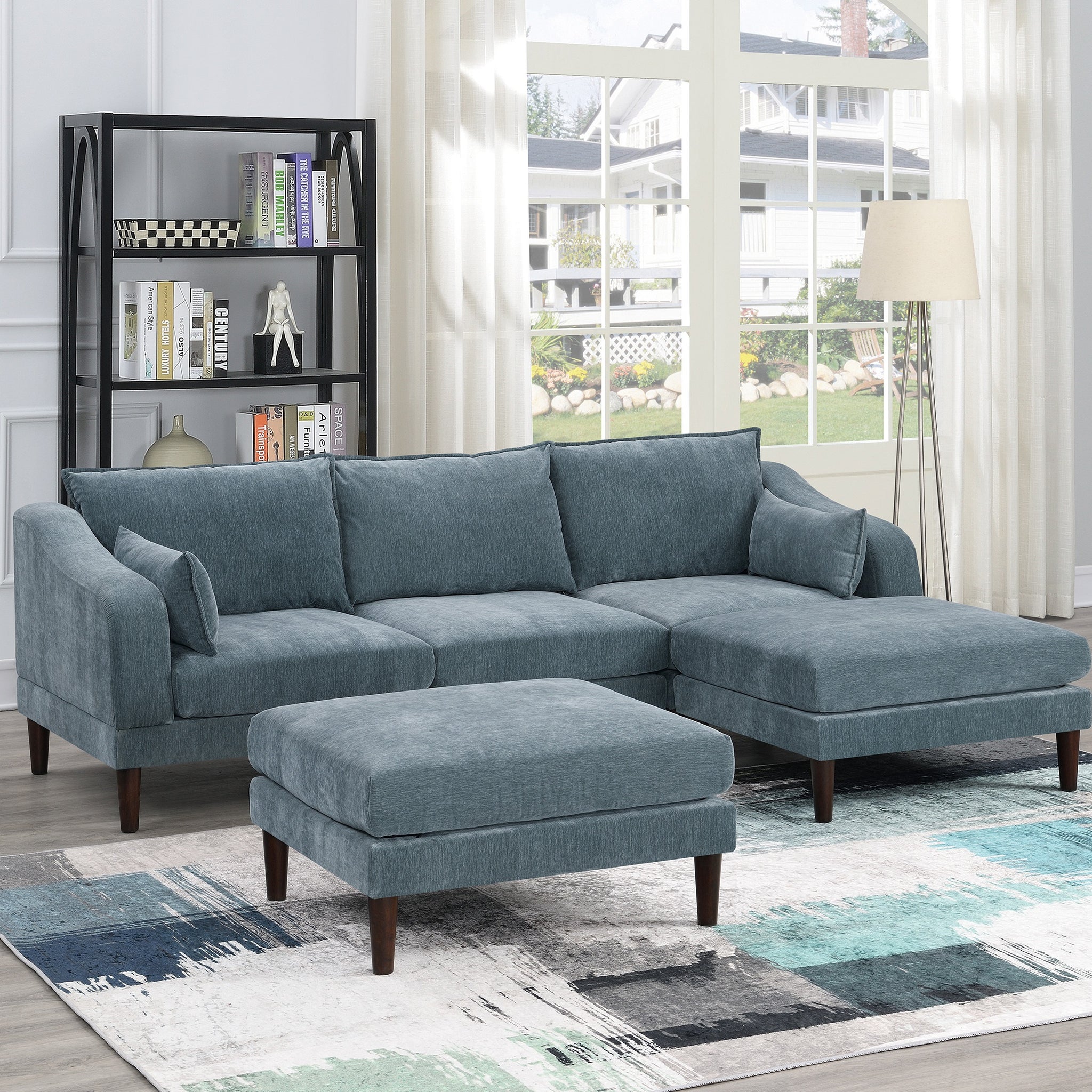 Contemporary 5Pcs Modular Sectional Set One Arm Chairs Armless Chair Ottoman L Shaped Sectional Mineral Morgan Fabric Grayish Primary Living Space Cushion Back Classic,Contemporary,Modern Modular