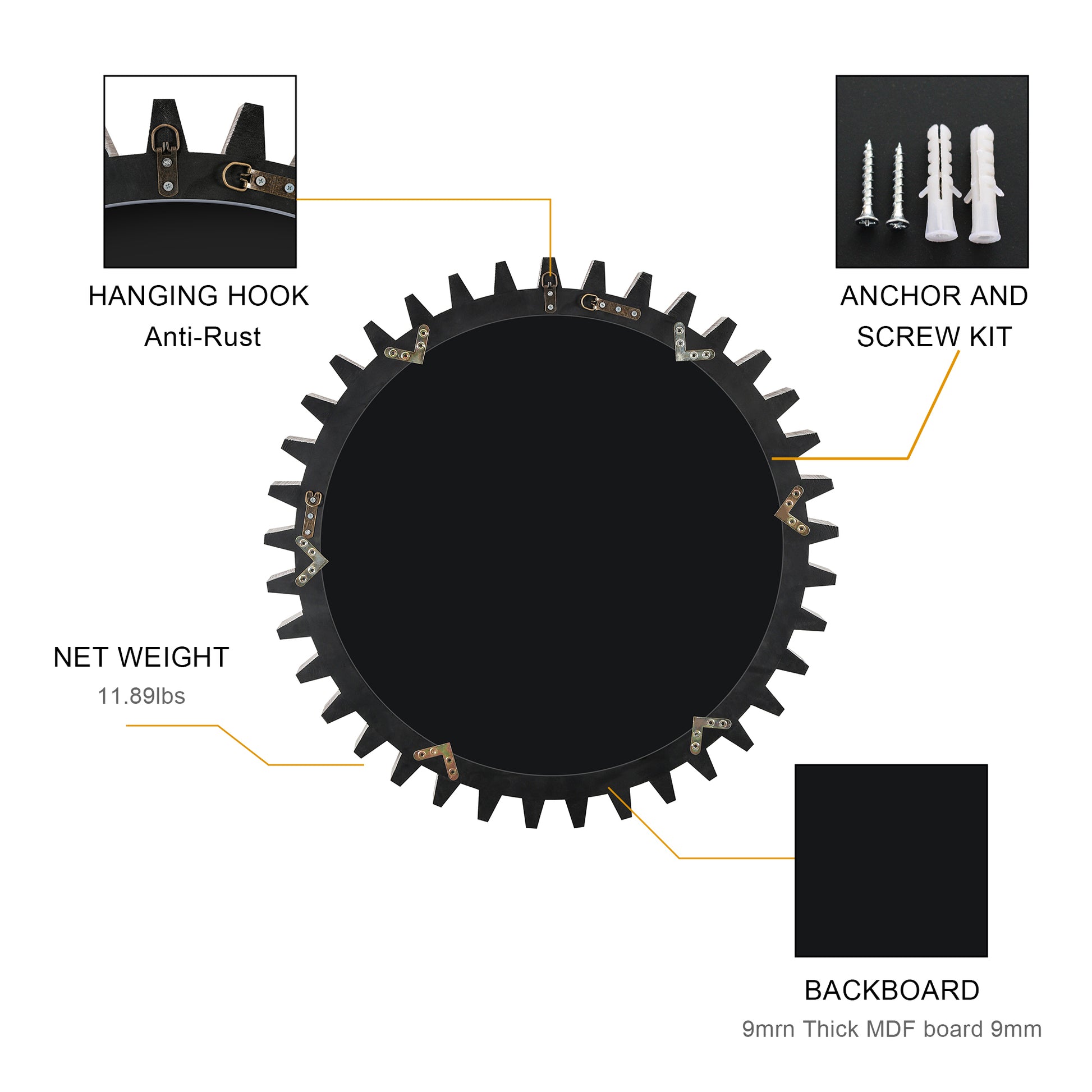 Vintage 34'' X 34'' Wood Round Hanging Gear Shape Heavy Decorative Mirror For Bathroom Living Room Entryway Or Put Together To Your Liking Antique Dark Brown Dark Brown Glass Mirror