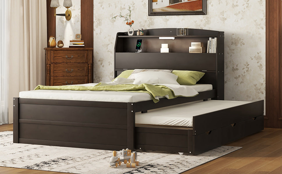 Full Size Wooden Led Platform Bed With Trundle, With Storage Headboard, With Drawers, Brown Full Brown Plywood