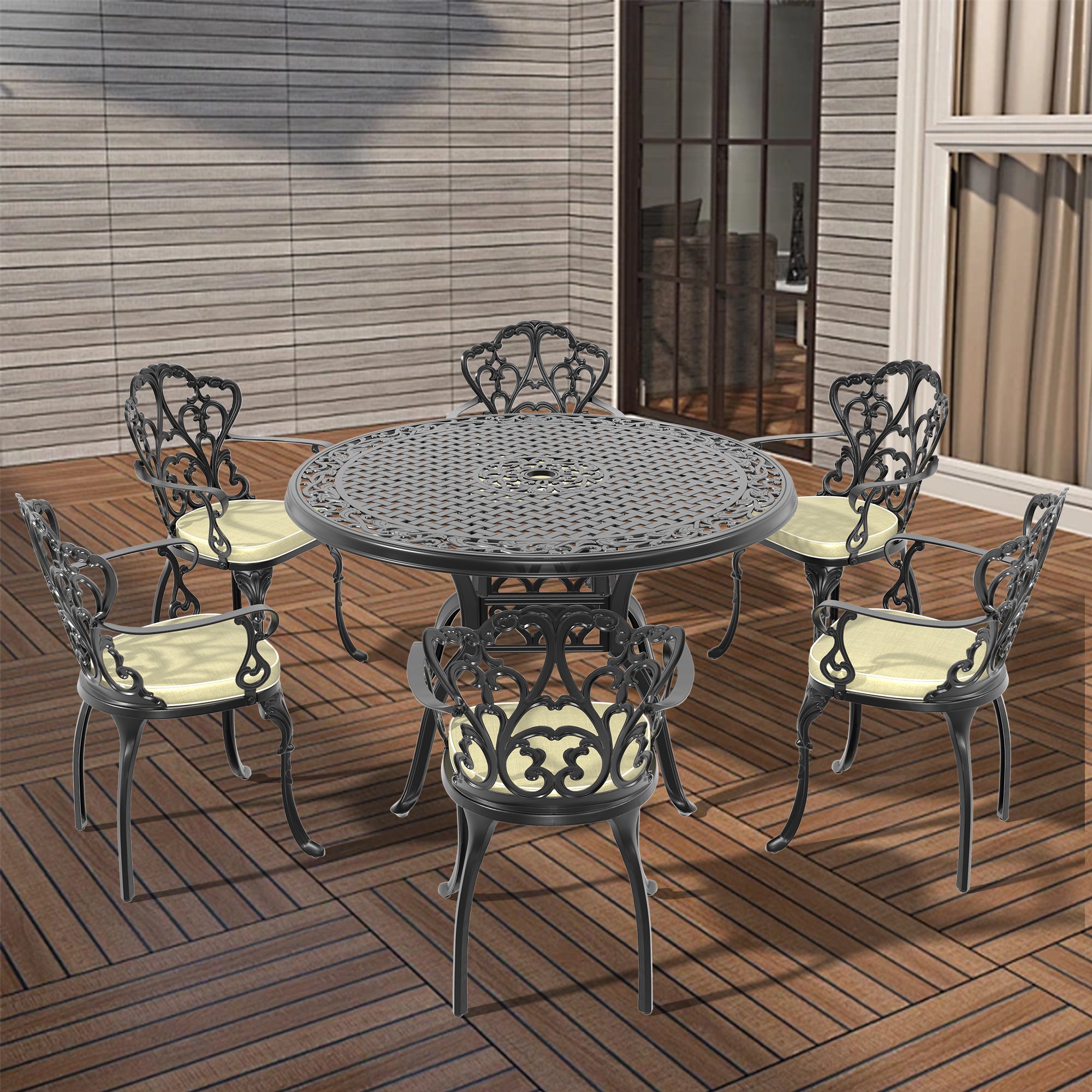 Cushions In Random Colors 7 Piece Set Of Cast Aluminum Patio Furniture With Cushions Yes Dining Set Black Seats 6 Rust Resistant Frame Water Resistant Cushion Garden & Outdoor Complete Patio Sets Aluminium