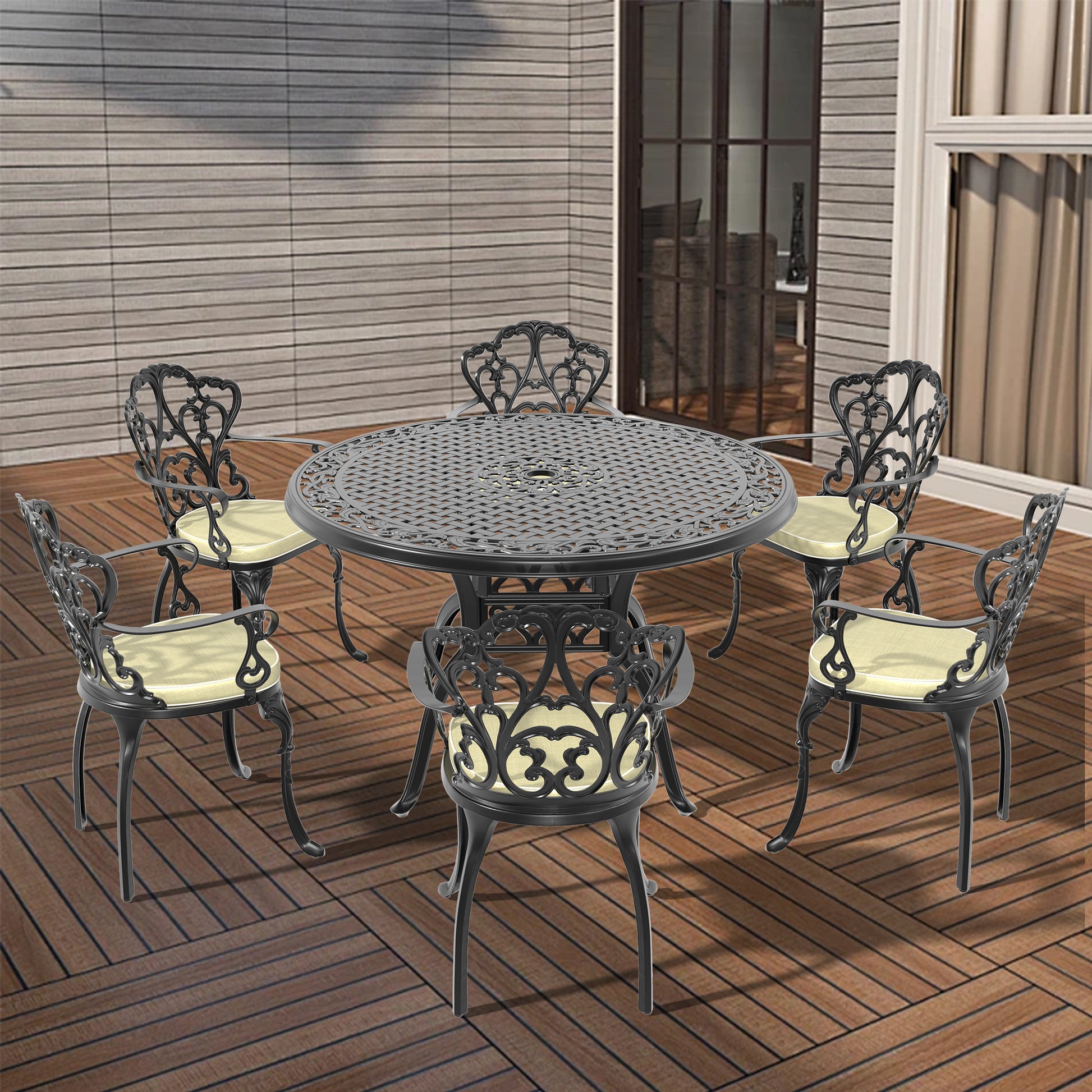 Cushions In Random Colors 7 Piece Set Of Cast Aluminum Patio Furniture With Cushions Yes Dining Set Black Seats 6 Rust Resistant Frame Water Resistant Cushion Garden & Outdoor Complete Patio Sets Aluminium