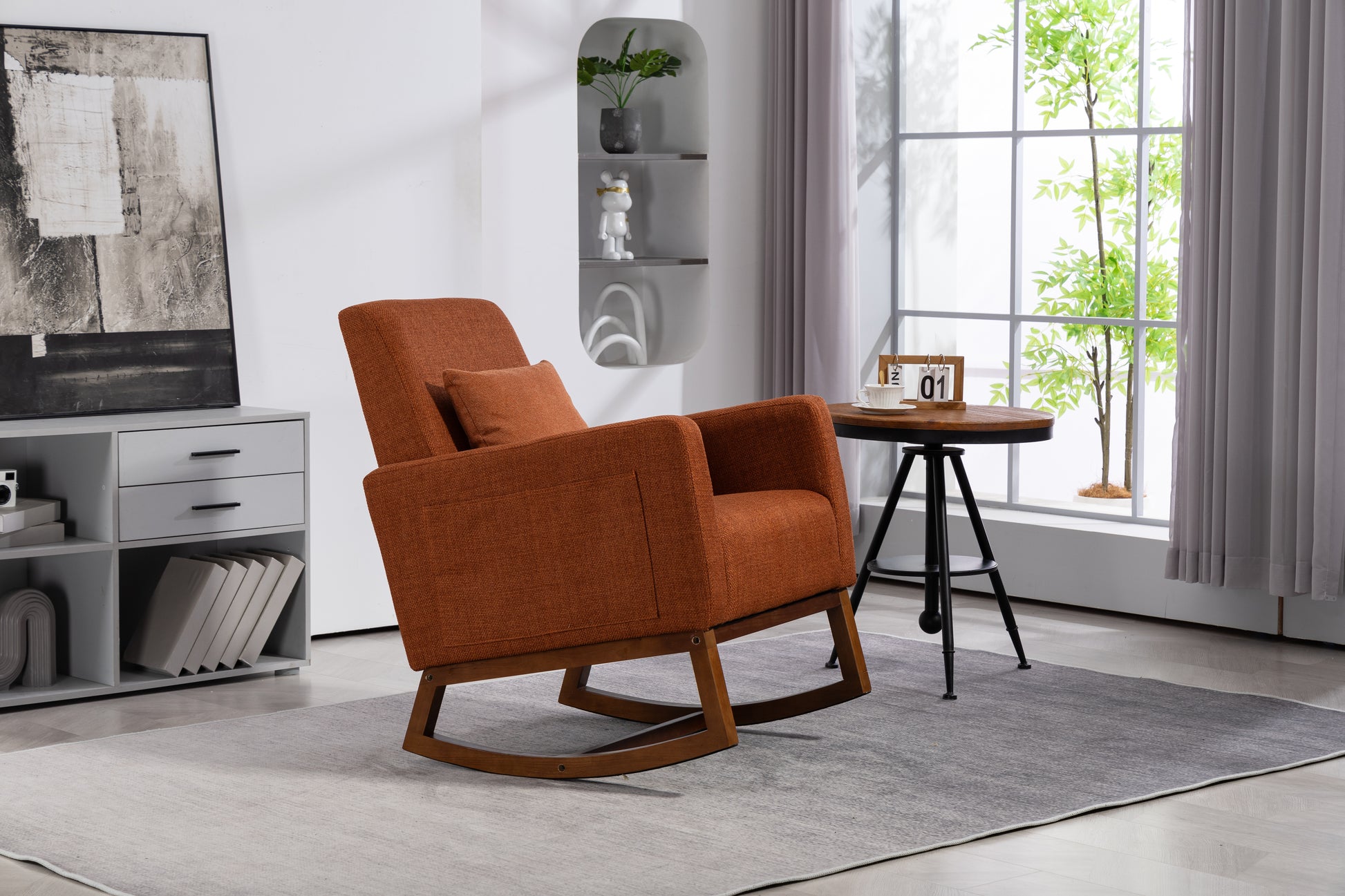 Mid Century Modern Accent Chair With Wood Frame, Upholstered Living Room Chairs With Waist Cushion, Reading Armchair For Bedroom Sunroom Brown Linen