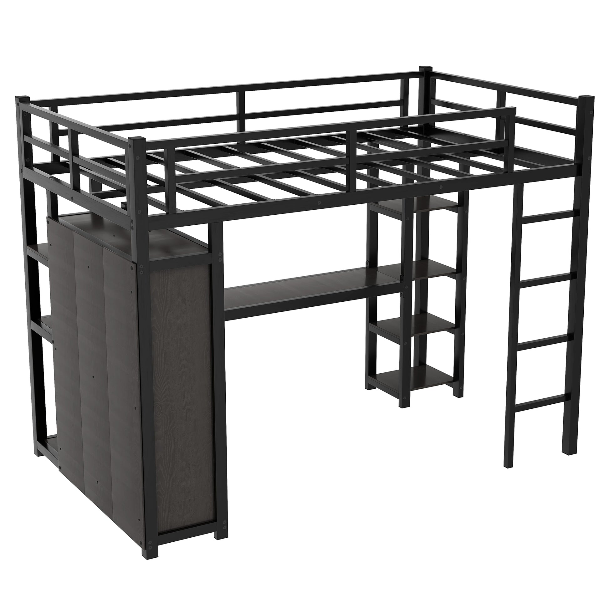 Metal Full Size Loft Bed With Desk,Shelves,Wardrobe, Black Full Black Metal