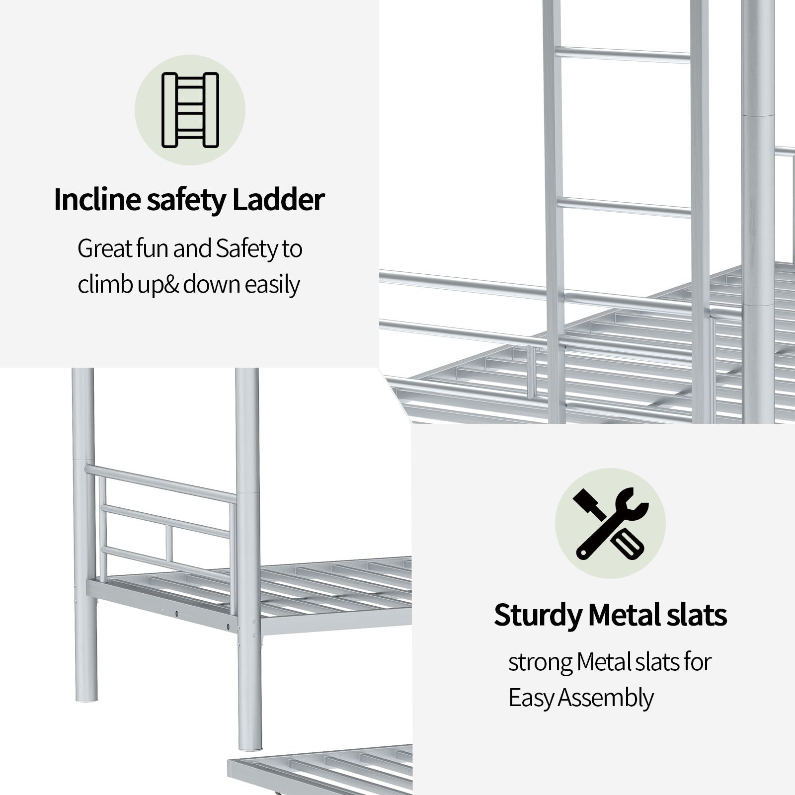 Heavy Duty Sturdy Meta Twin Over Twin With Trundle Bunk Bed L Noise Reduced Safety Guardrail No Box Spring Needed,Gray Silver Twin Gray Silver Metal