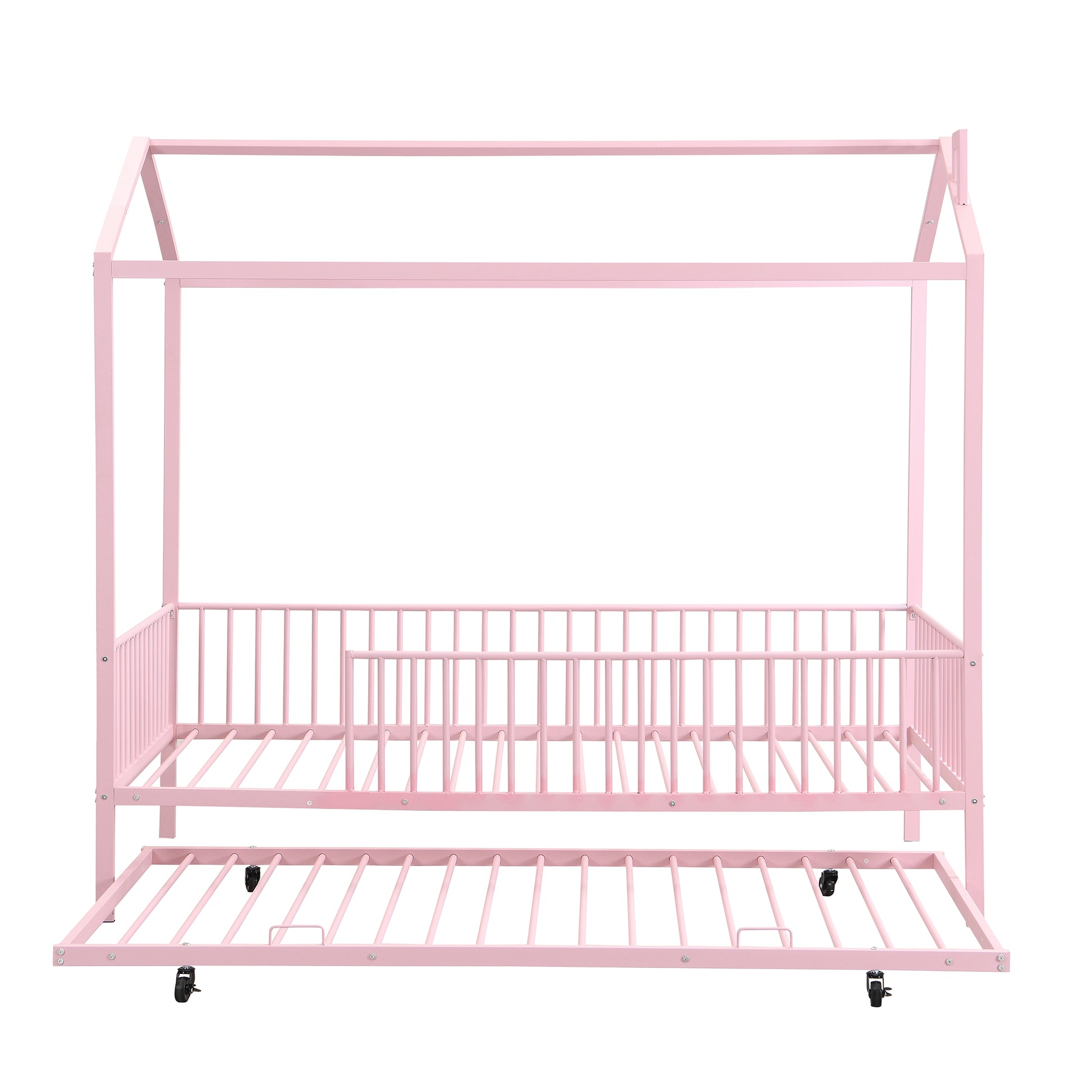 Twin Size Metal House Bed With Fence, With Trundle, Pink Expected Arrival Time: 10.18 Twin Pink Metal