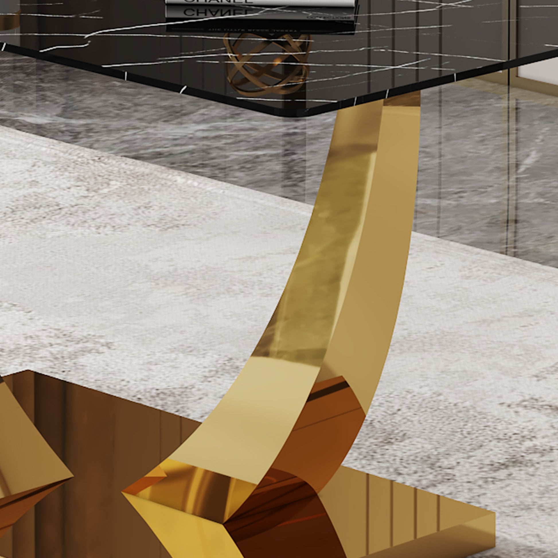 Table And Chair Set.Modern Rectangular Dining Table With Black Textured Stickers Glass Tabletop And Gold Plated Metal Legs.Paried With 4 Comfortable Chairs With Pu Seats And Black Metal Legs. Black Gold,Light Gray Seats 4 Glass Metal