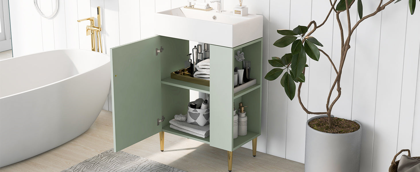 21.6" Green Bathroom Vanity, Combo Cabinet, Bathroom Storage Cabinet, Single Ceramic Sink, Right Side Storage Green Bathroom Ceramic Mdf