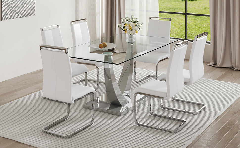 Table And Chair Set. Large Modern Rectangular Table With Glass Top And Silver Metal Legs. Furnished With Soft And Comfortable Pu Chairs With Faux Leather Upholstered Seats And Silver Metal Legs. White Silver Seats 6 Glass Metal