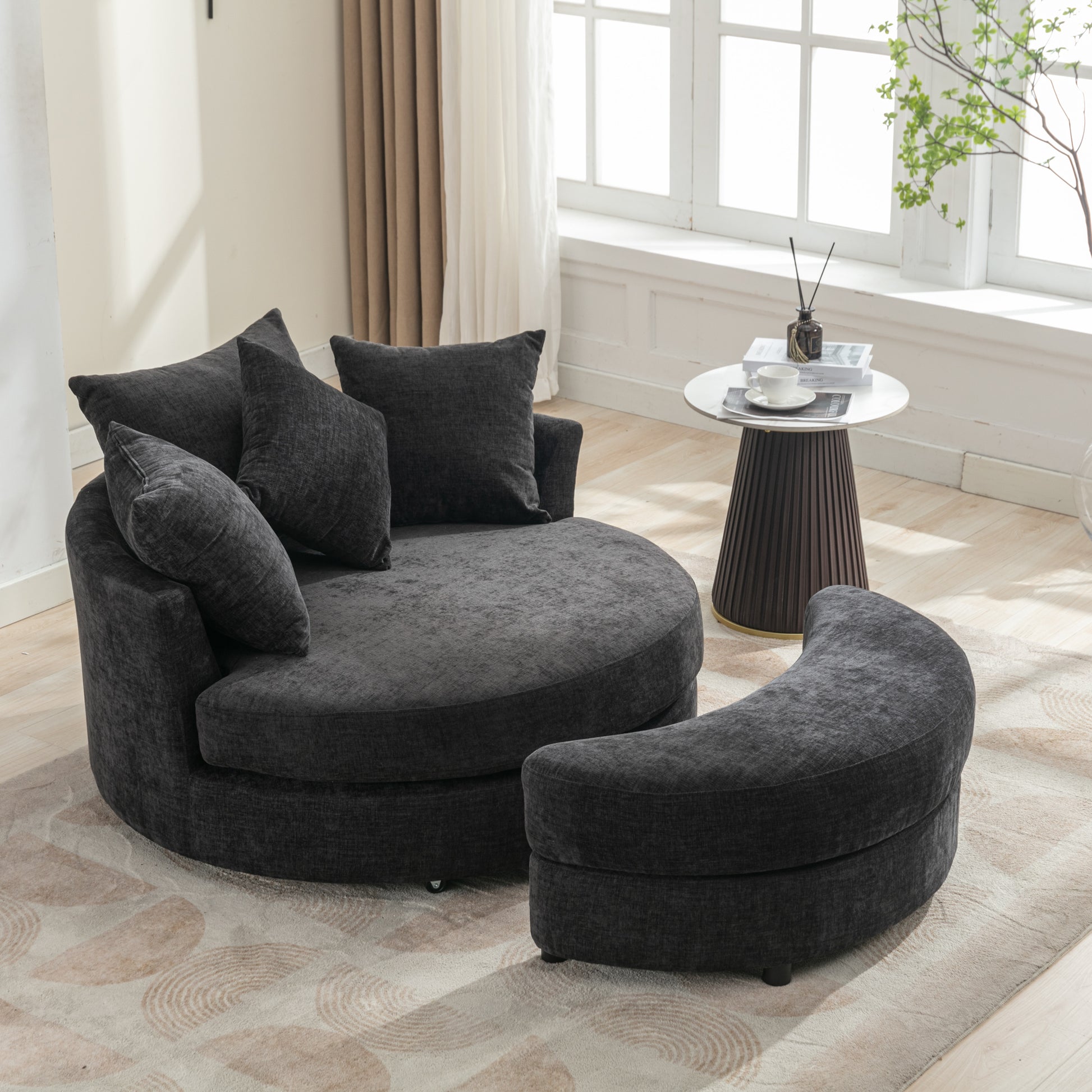 Orisfur. 360 Swivel Accent Barrel Chair With Storage Ottoman & 4 Pillows, Modern Chenille Leisure Chair Round Accent For Living Room, Gray Gray Foam Chenille