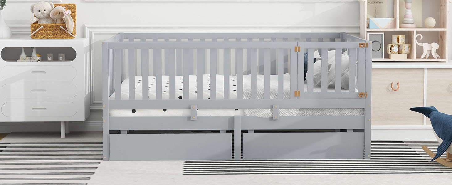 Full Size Wood Daybed With Fence Guardrails And 2 Drawers, Split Into Independent Floor Bed & Daybed, Gray Old Sku :Lp000882Aae Full Gray Solid Wood Mdf